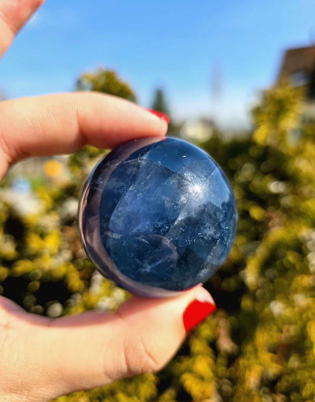 Polished blue fluorite sphere resting in hand against sunlit greenery, showcasing deep blue coloration with natural banding and cloudy inclusions. Bright outdoor lighting enhances clarity and color variation.