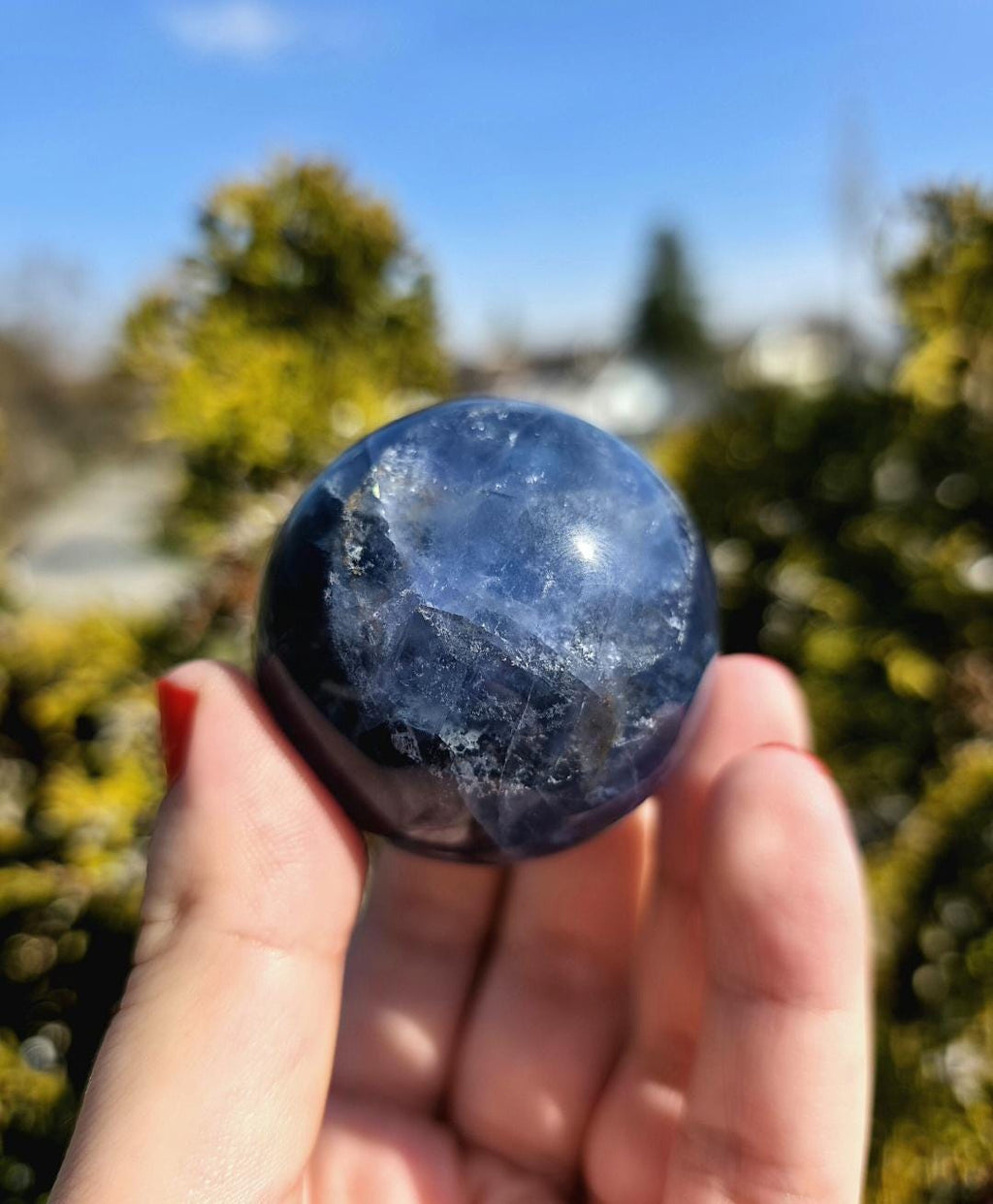 Polished blue fluorite sphere resting in hand against sunlit greenery, showcasing deep blue coloration with natural banding and cloudy inclusions. Bright outdoor lighting enhances clarity and color variation.