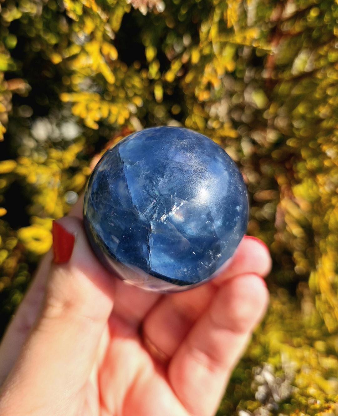 Polished blue fluorite sphere resting in hand against sunlit greenery, showcasing deep blue coloration with natural banding and cloudy inclusions. Bright outdoor lighting enhances clarity and color variation.