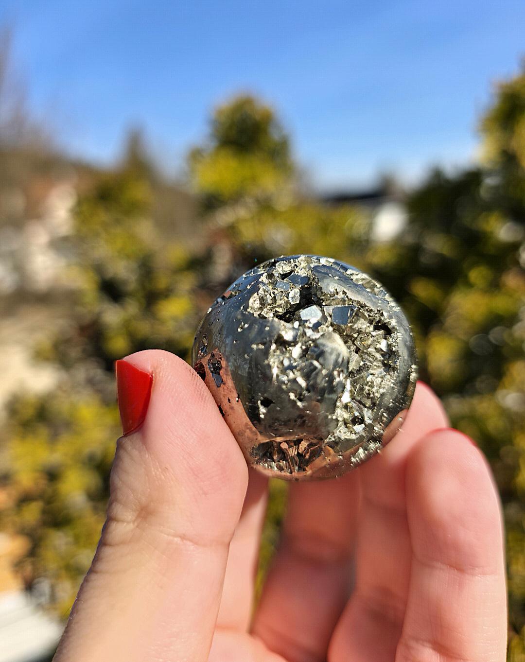 Druzy Pyrite Sphere | Sparkling Fool’s Gold Crystal Ball | Natural Metallic Mineral Specimen Decor