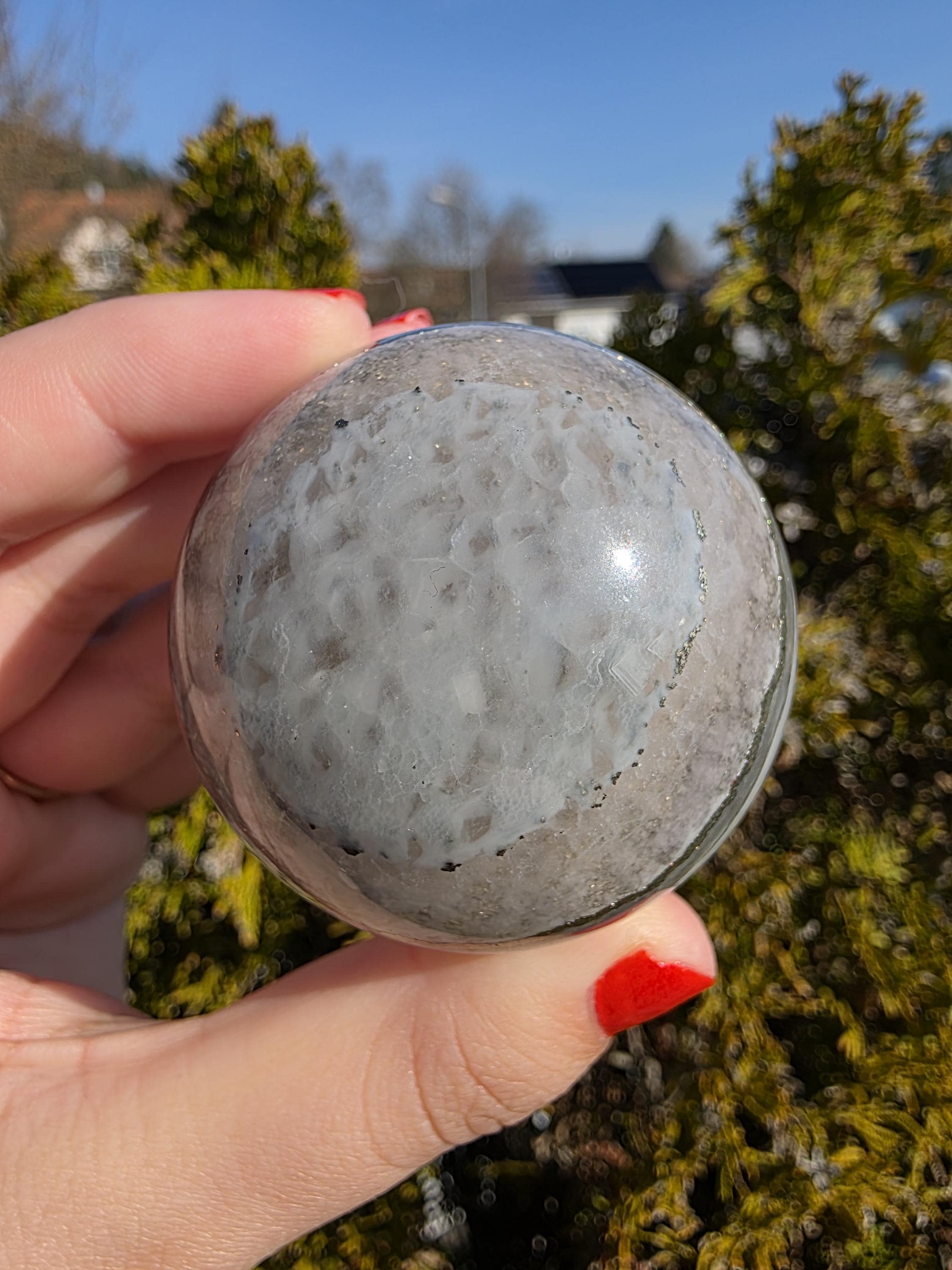 Clear Fluorite Sphere with Pyrite Band | Polished Crystal Ball | Natural Fluorite Mineral Decor Gift