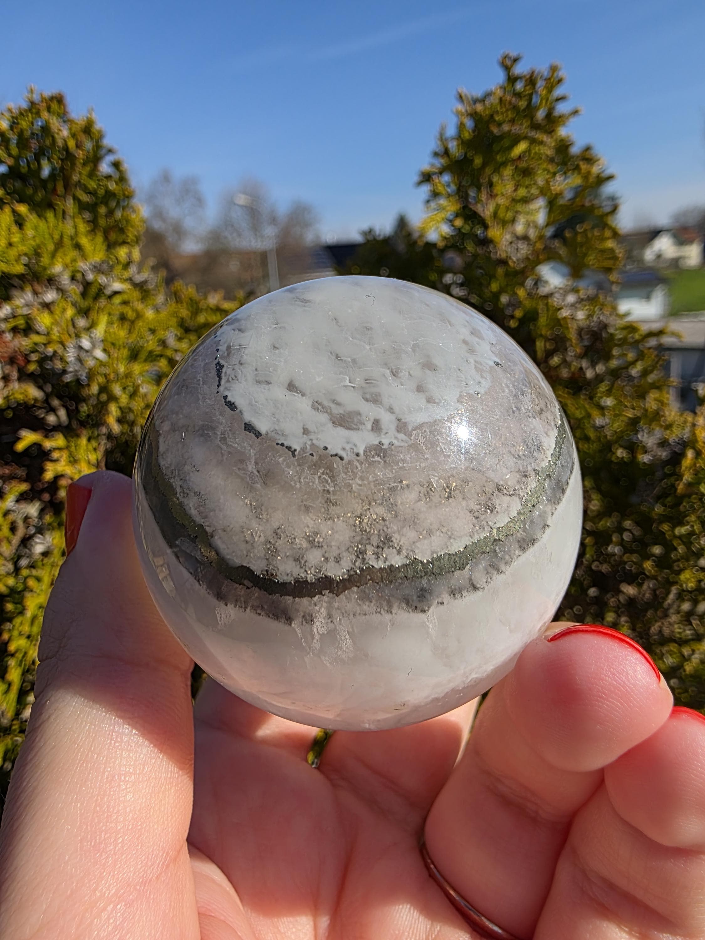 Clear Fluorite Sphere with Pyrite Band | Polished Crystal Ball | Natural Fluorite Mineral Decor Gift