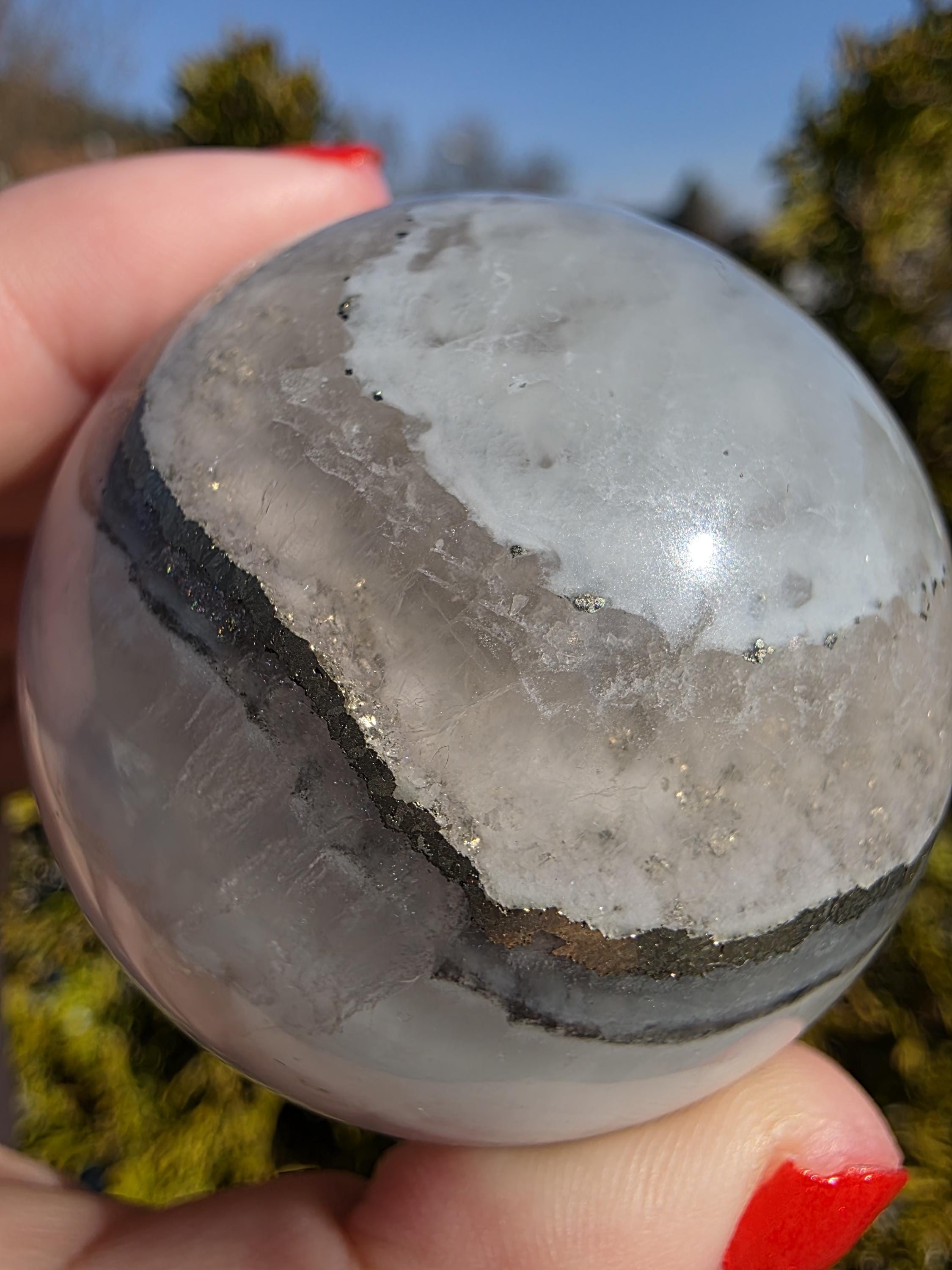 Clear Fluorite Sphere with Pyrite Band | Polished Crystal Ball | Natural Fluorite Mineral Decor Gift