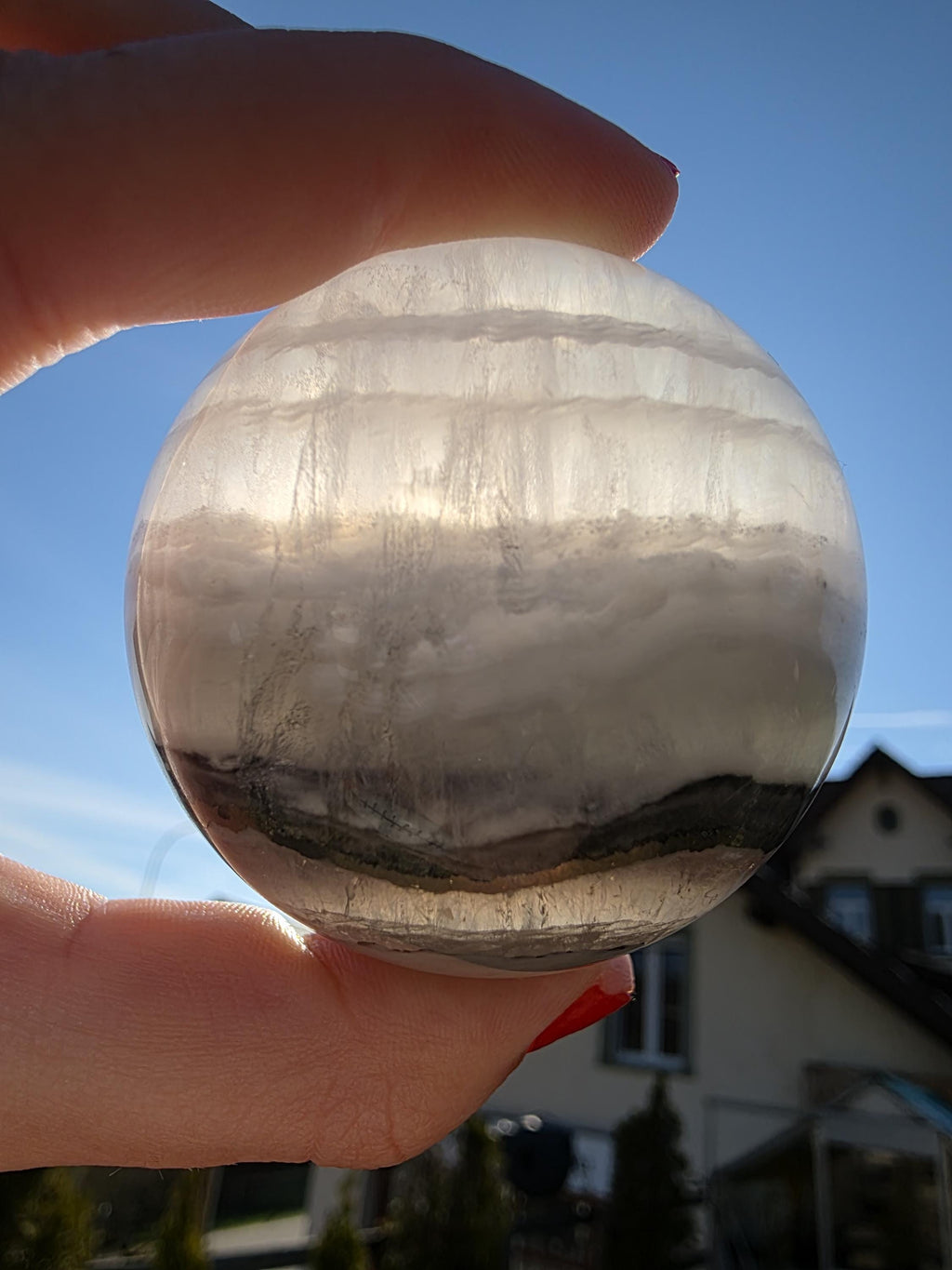 Clear Fluorite Sphere with Pyrite Band | Polished Crystal Ball | Natural Fluorite Mineral Decor Gift