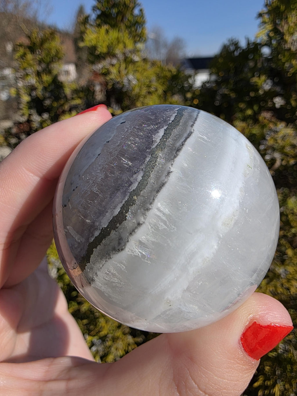 Clear Fluorite Sphere with Pyrite Band | Polished Crystal Ball | Natural Fluorite Mineral Decor Gift