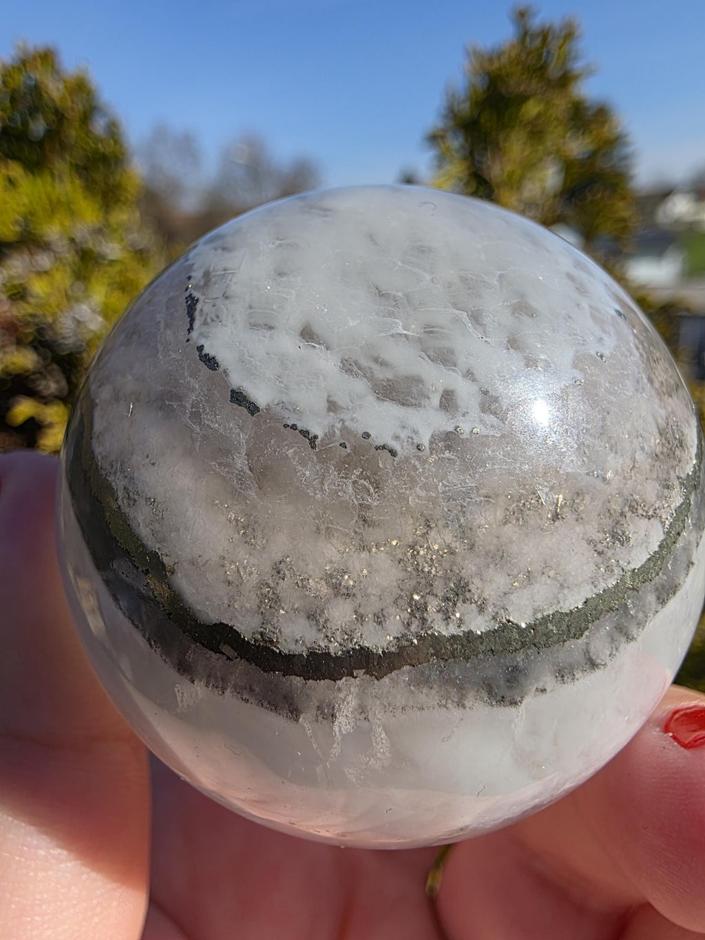 Clear Fluorite Sphere with Pyrite Band | Polished Crystal Ball | Natural Fluorite Mineral Decor Gift