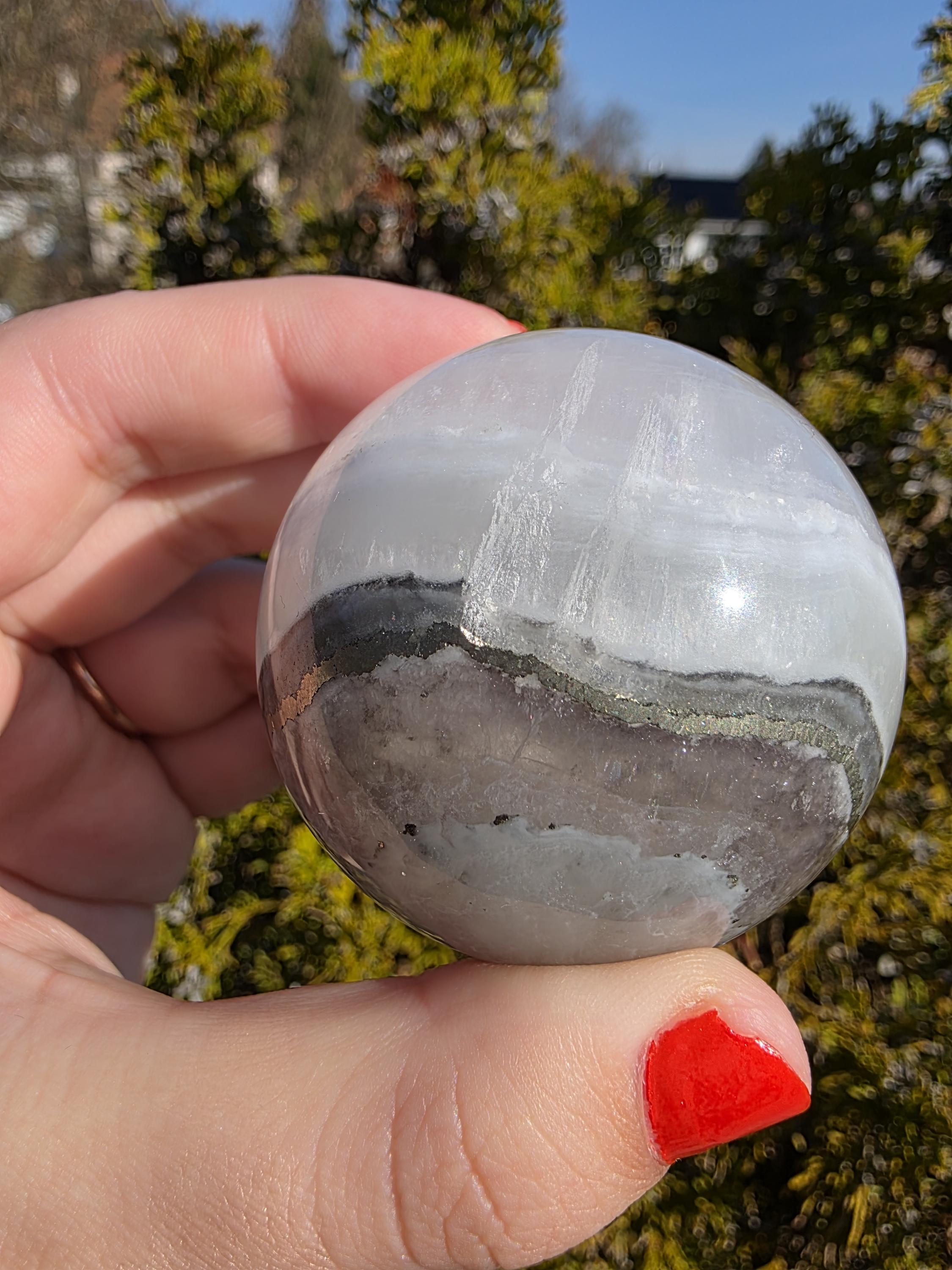 Clear Fluorite Sphere with Pyrite Band | Polished Crystal Ball | Natural Fluorite Mineral Decor Gift