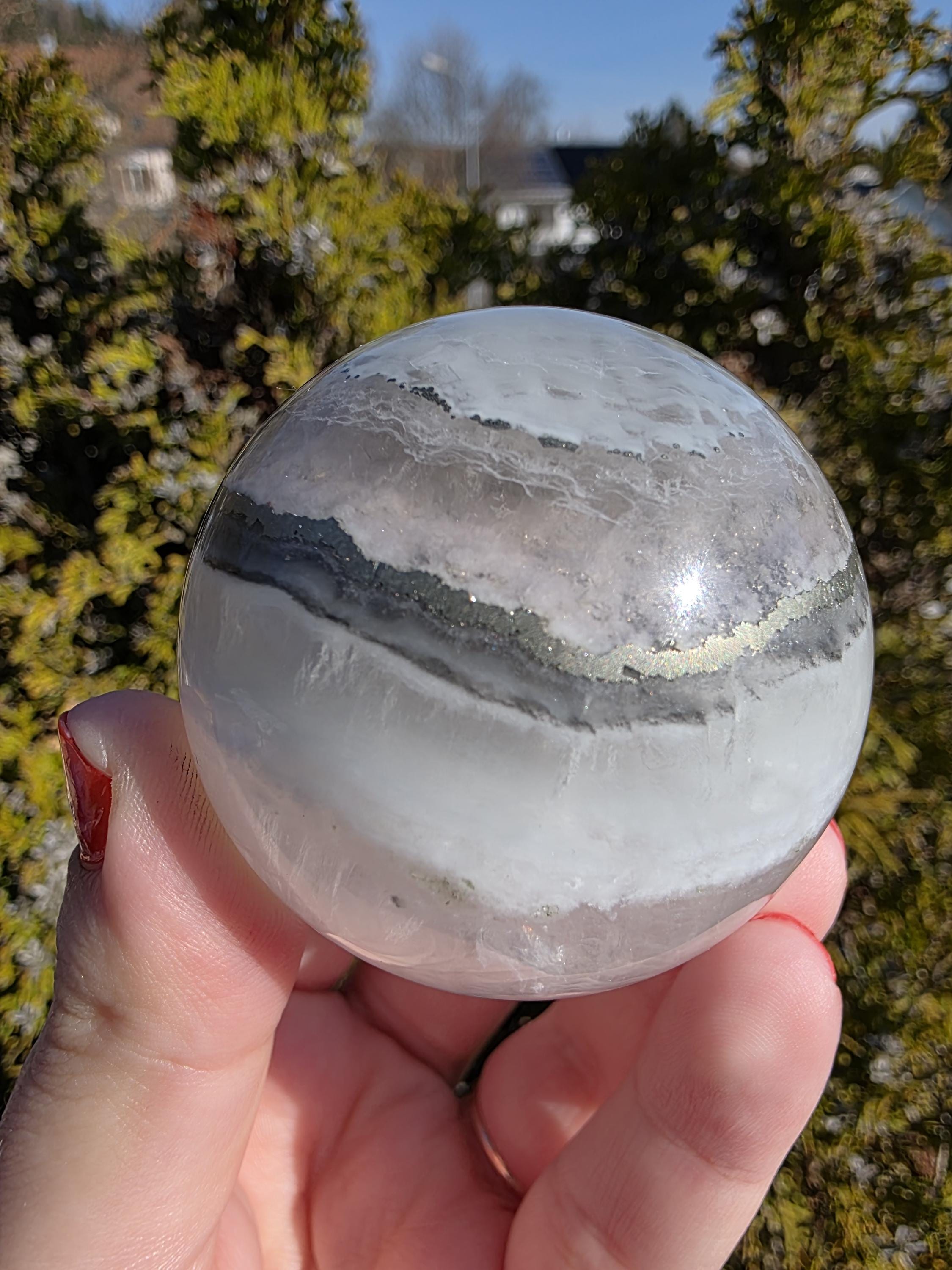 Clear Fluorite Sphere with Pyrite Band | Polished Crystal Ball | Natural Fluorite Mineral Decor Gift