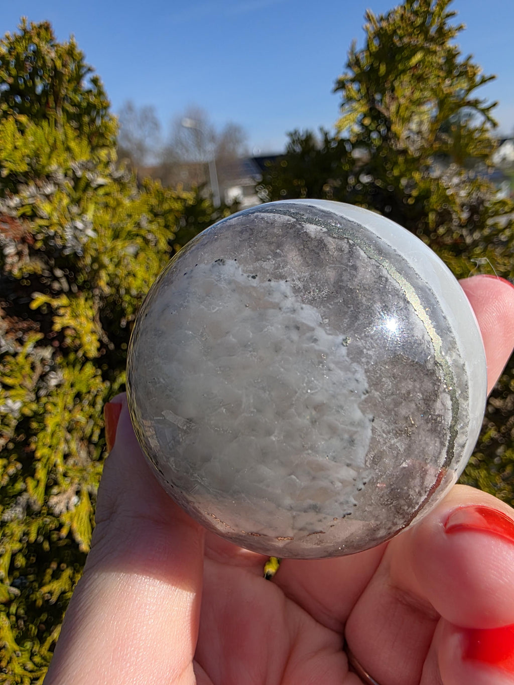 Clear Fluorite Sphere with Pyrite Band | Polished Crystal Ball | Natural Fluorite Mineral Decor Gift