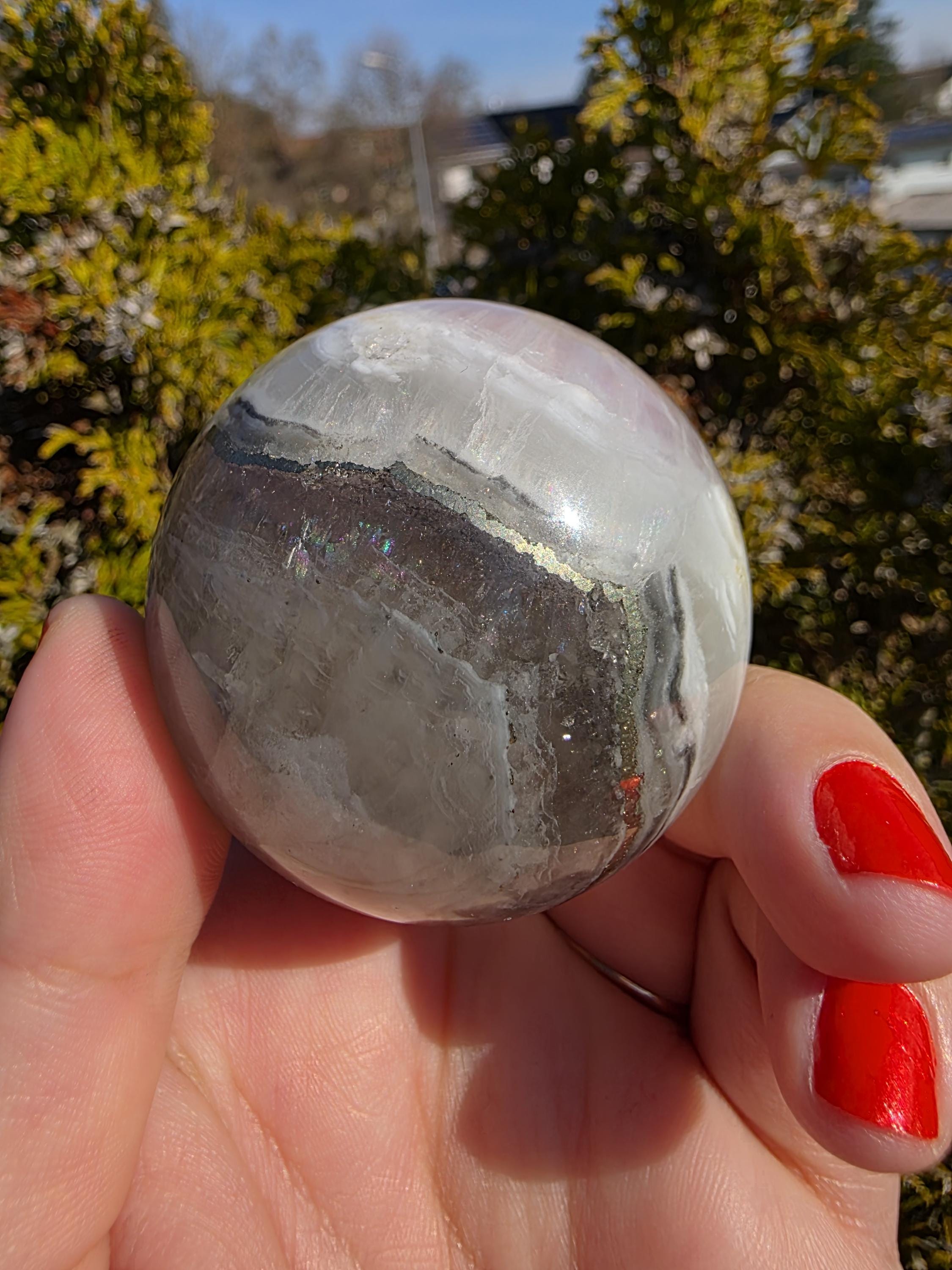 Clear Fluorite Sphere with Pyrite Band | Polished Crystal Ball | Natural Fluorite Mineral Decor Gift