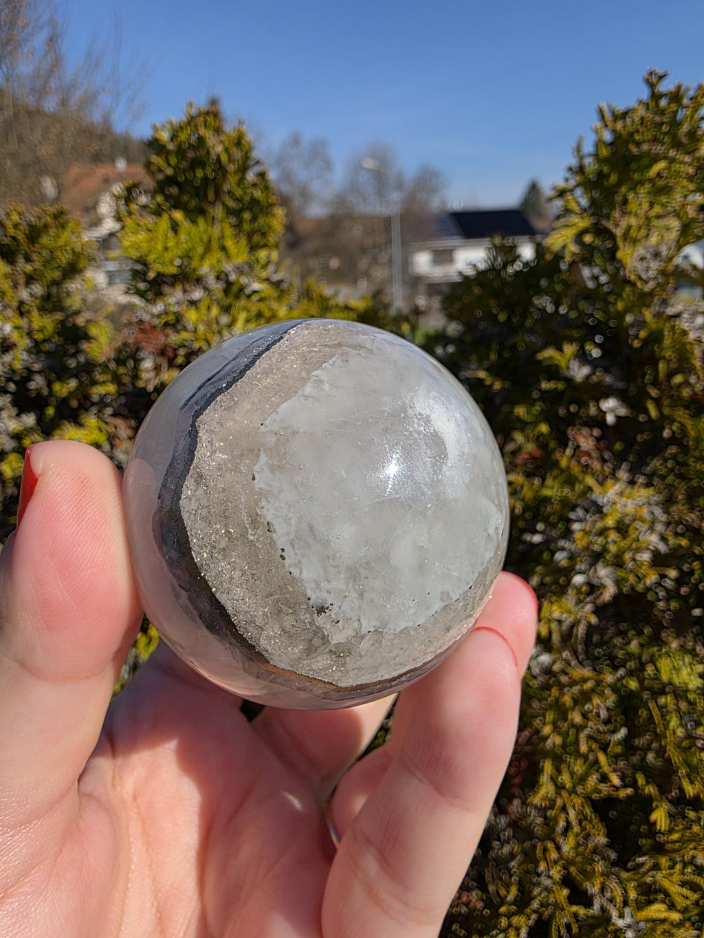 Clear Fluorite Sphere with Pyrite Band | Polished Crystal Ball | Natural Fluorite Mineral Decor Gift