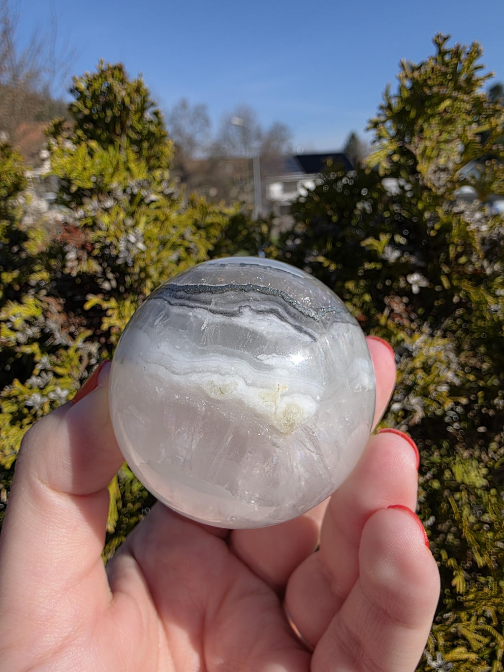 Clear Fluorite Sphere with Pyrite Band | Polished Crystal Ball | Natural Fluorite Mineral Decor Gift