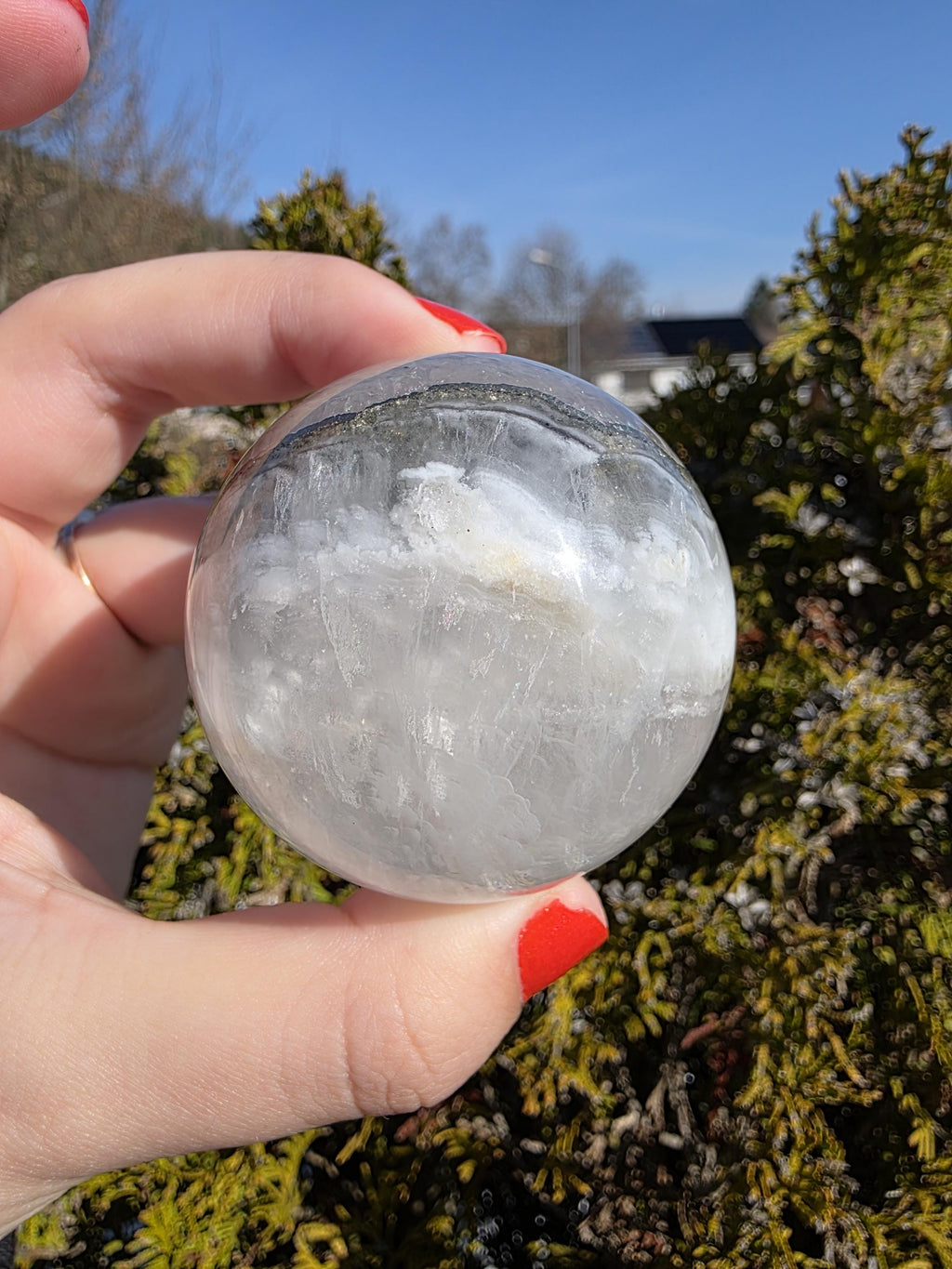 Clear Fluorite Sphere with Pyrite Band | Polished Crystal Ball | Natural Fluorite Mineral Decor Gift