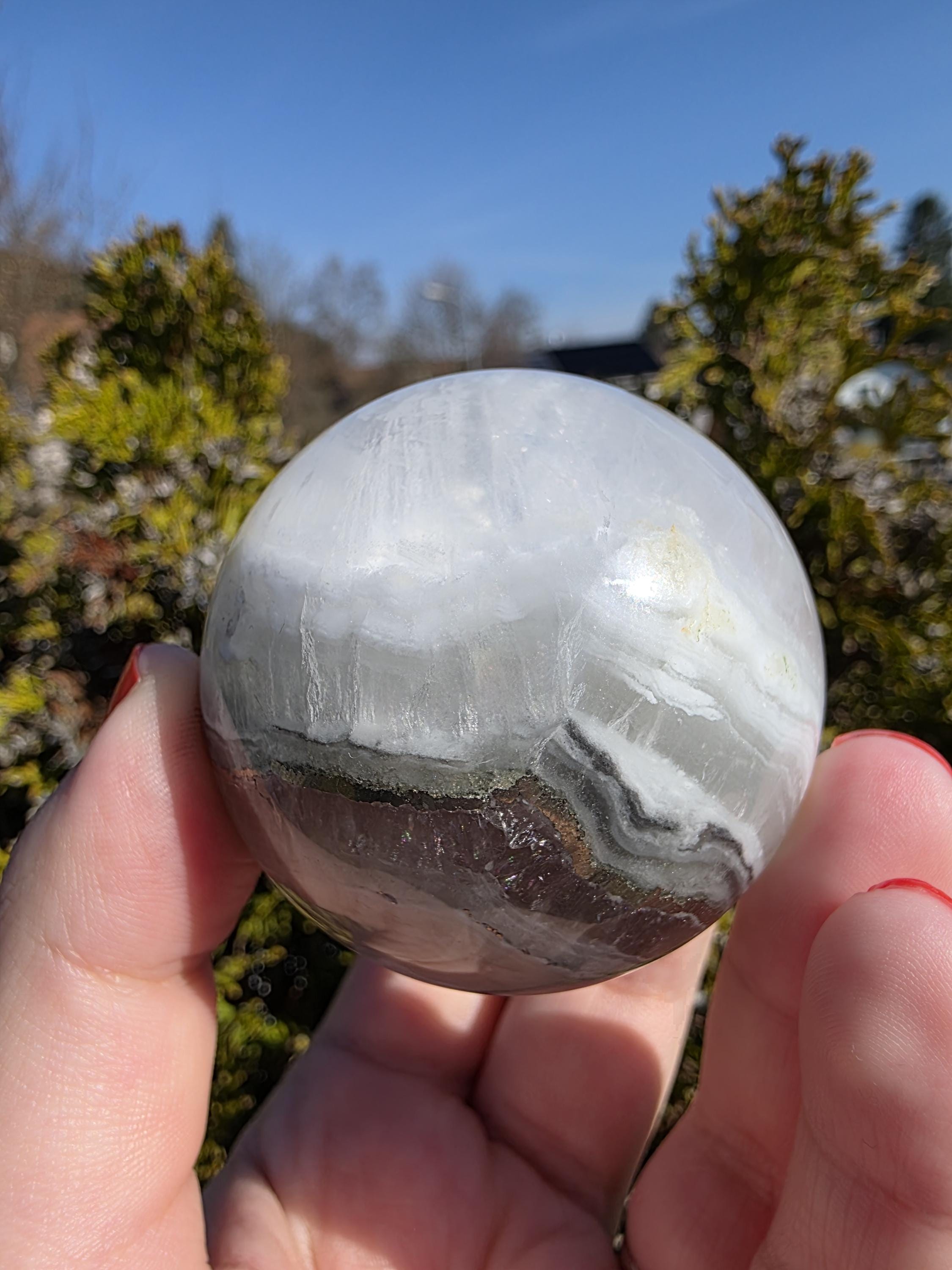 Clear Fluorite Sphere with Pyrite Band | Polished Crystal Ball | Natural Fluorite Mineral Decor Gift