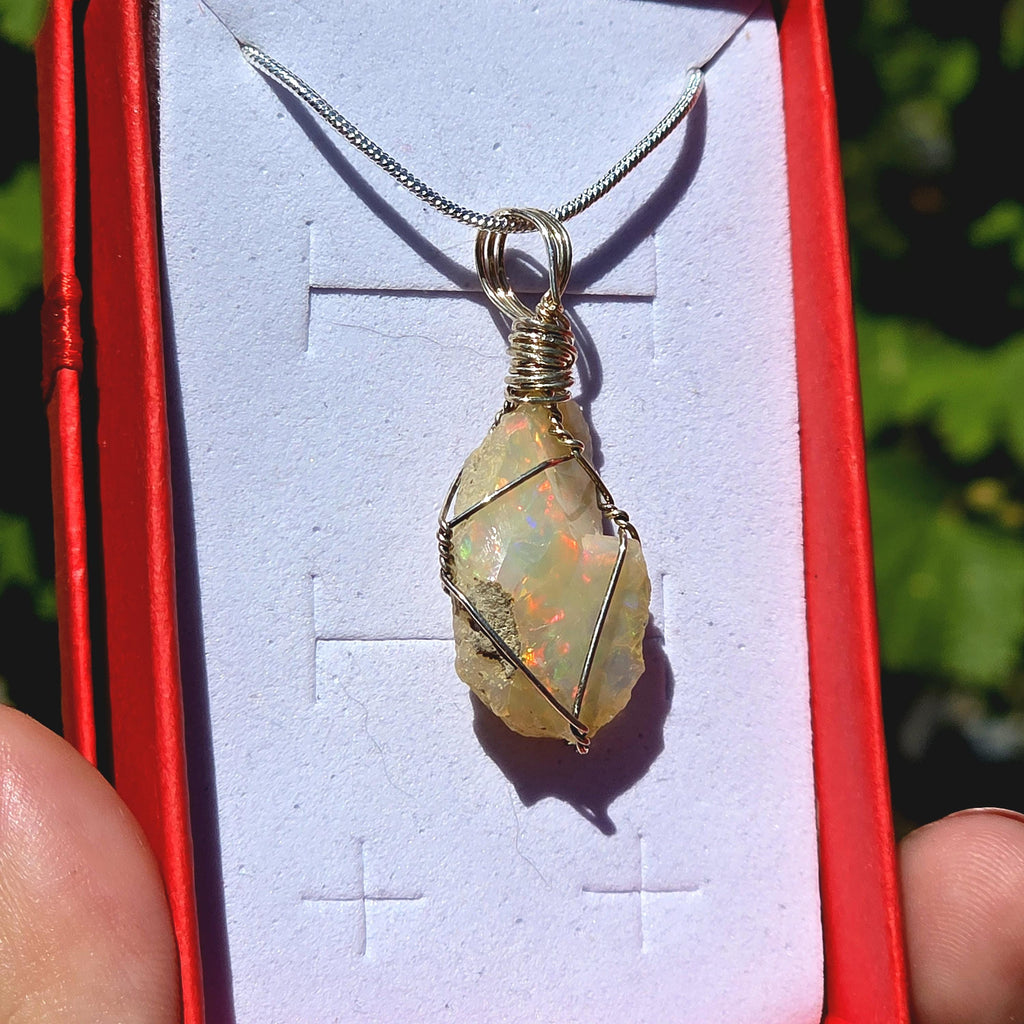 Raw Ethiopian Welo Opal Necklace | Wire Wrapped Opal Pendant | 925 Sterling Silver Chain | Natural Fire Opal Jewelry