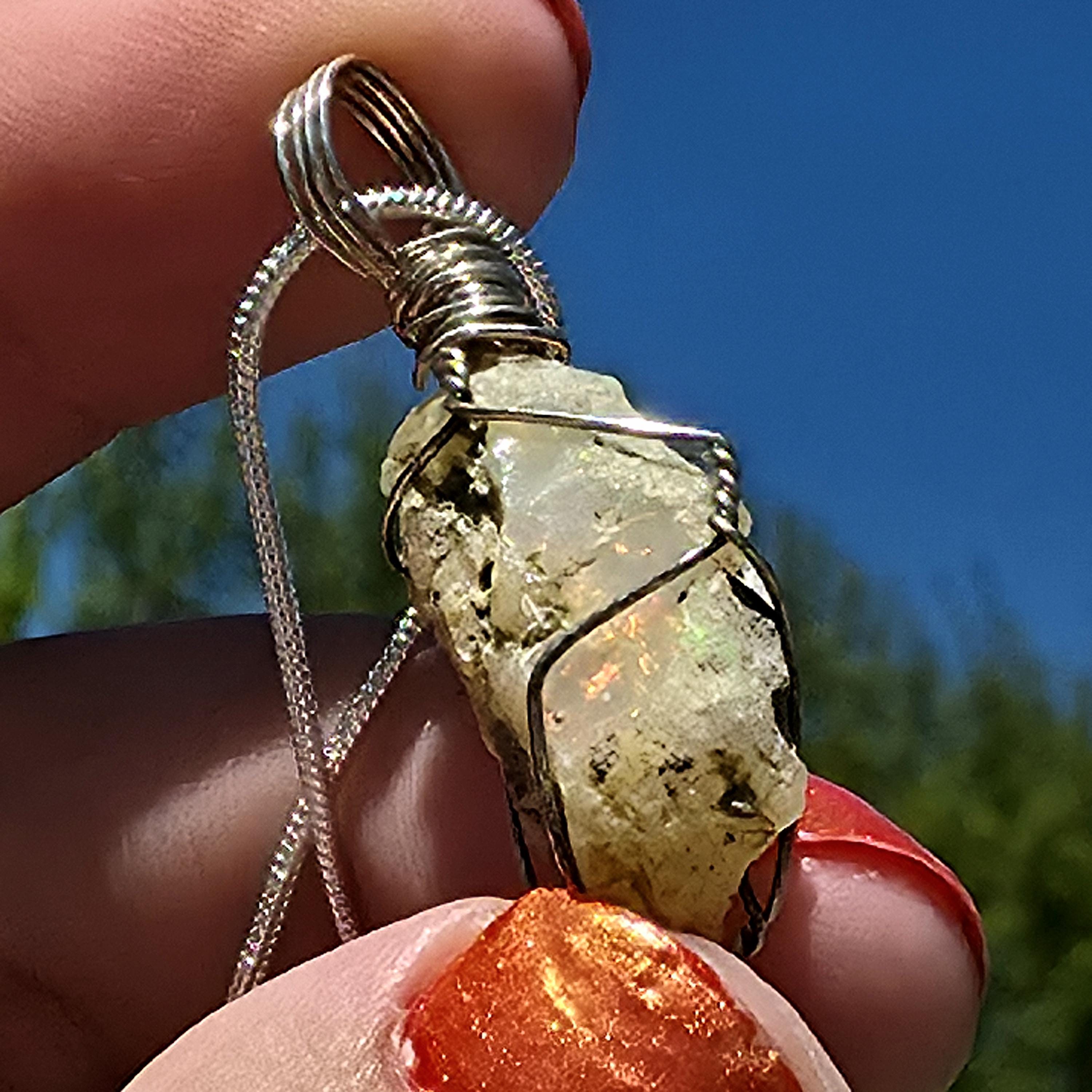 Raw Ethiopian Welo Opal Necklace | Wire Wrapped Opal Pendant | 925 Sterling Silver Chain | Natural Fire Opal Jewelry
