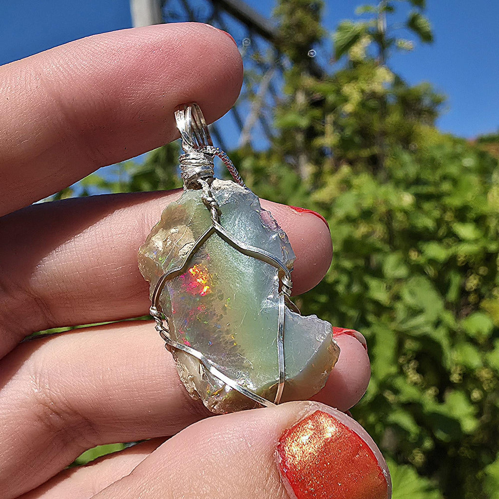Raw Ethiopian Welo Opal Necklace | Wire Wrapped Pendant, Sterling Silver Chain