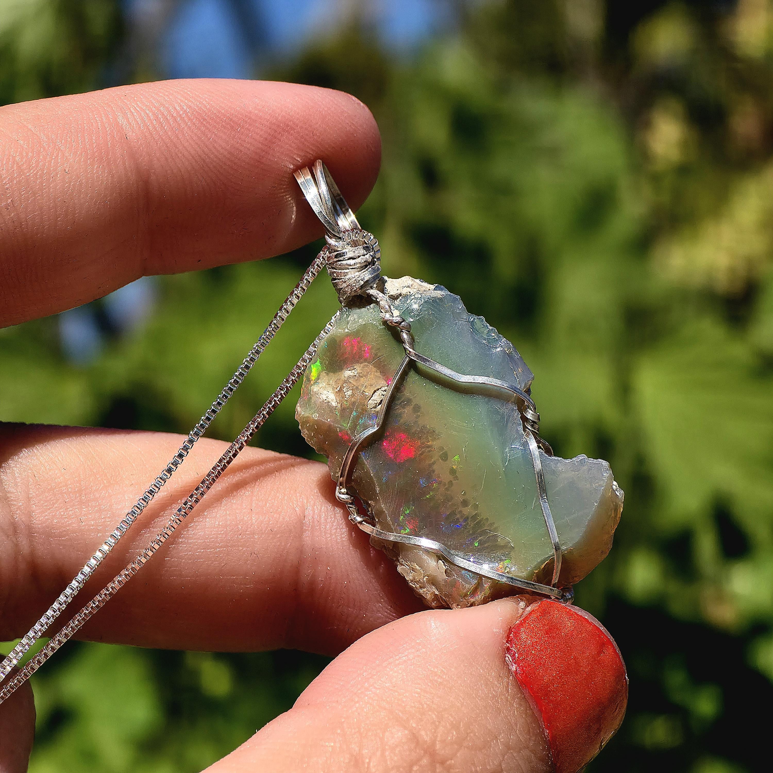 Raw Ethiopian Welo Opal Necklace | Wire Wrapped Pendant, Sterling Silver Chain