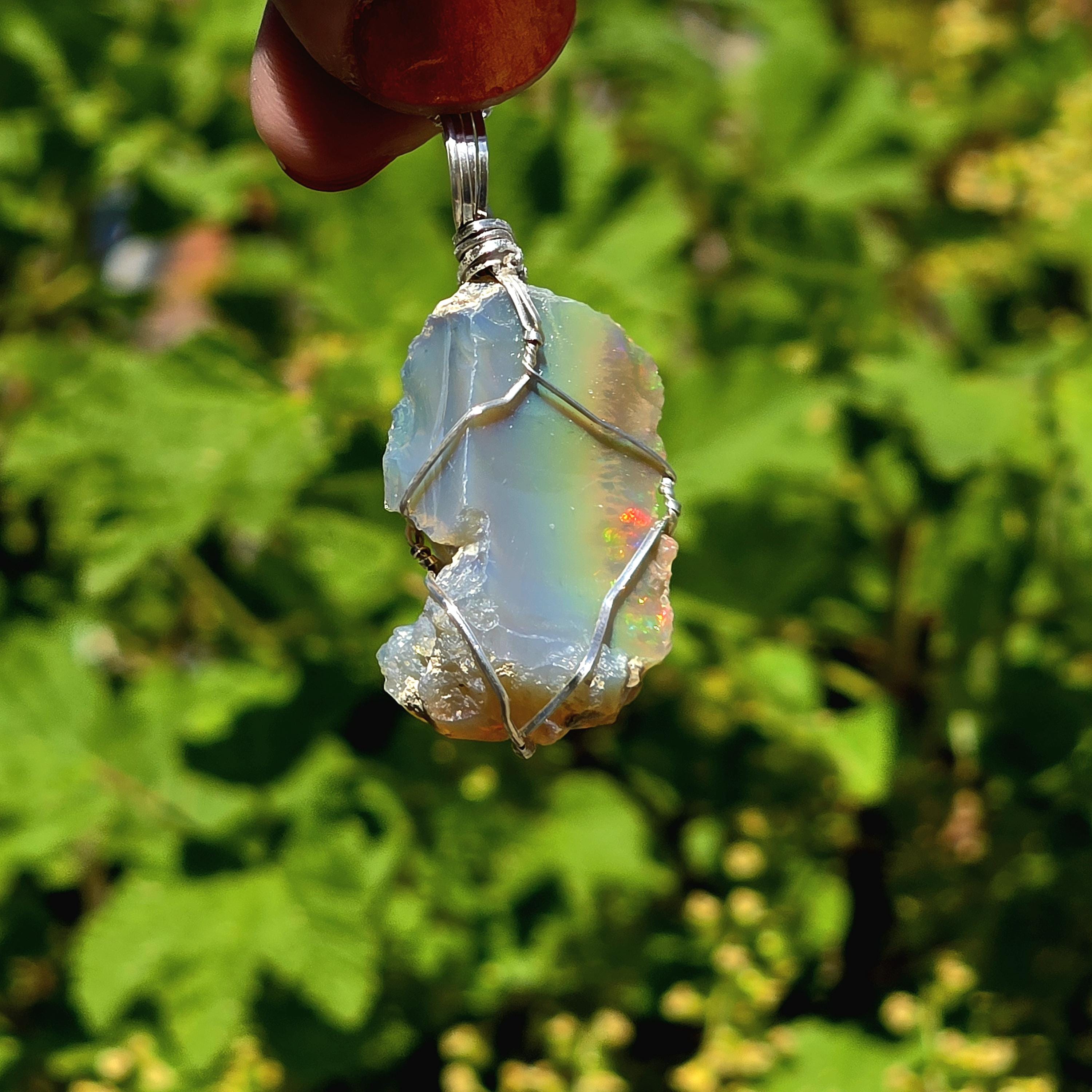 Raw Ethiopian Welo Opal Necklace | Wire Wrapped Pendant, Sterling Silver Chain