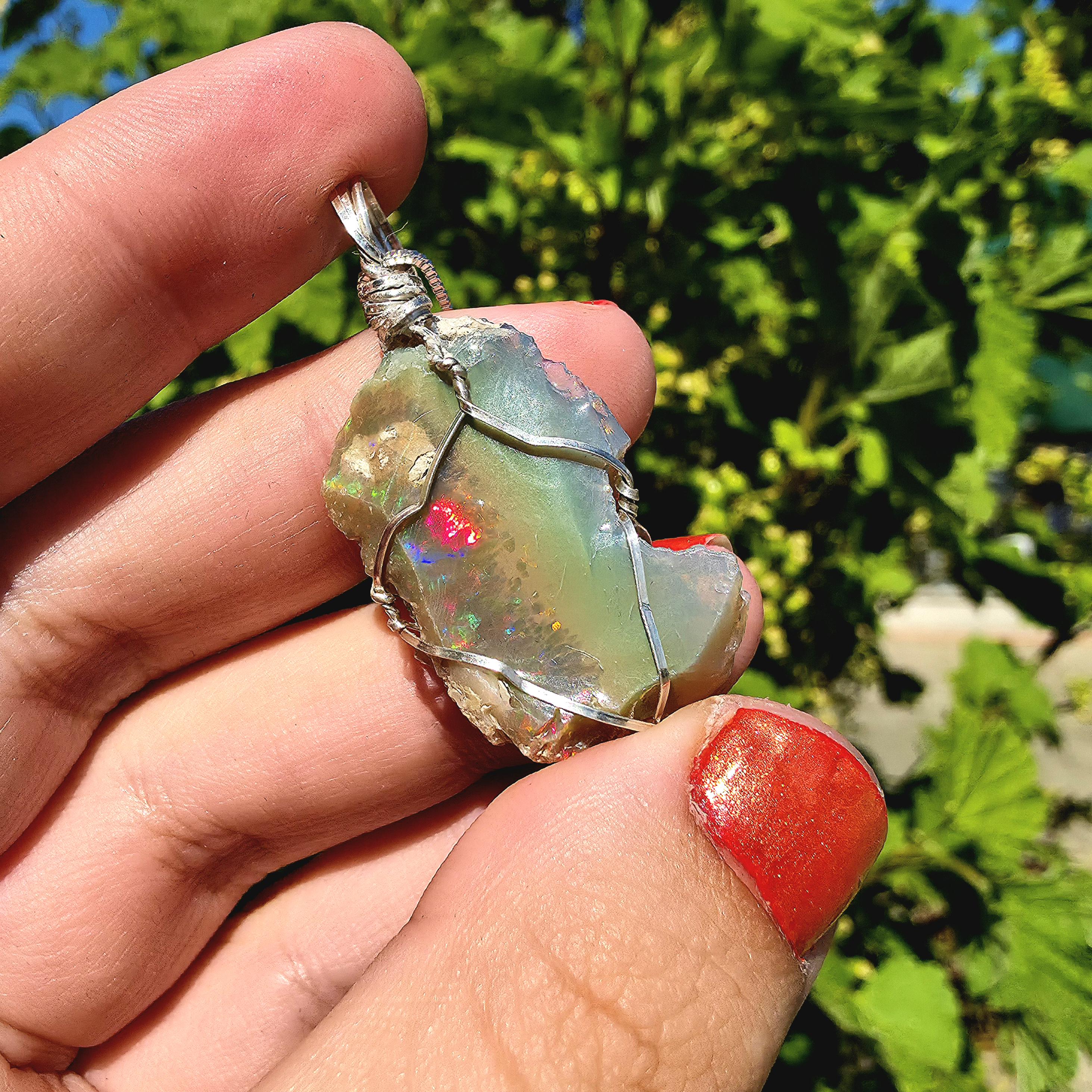 Raw Ethiopian Welo Opal Necklace | Wire Wrapped Pendant, Sterling Silver Chain