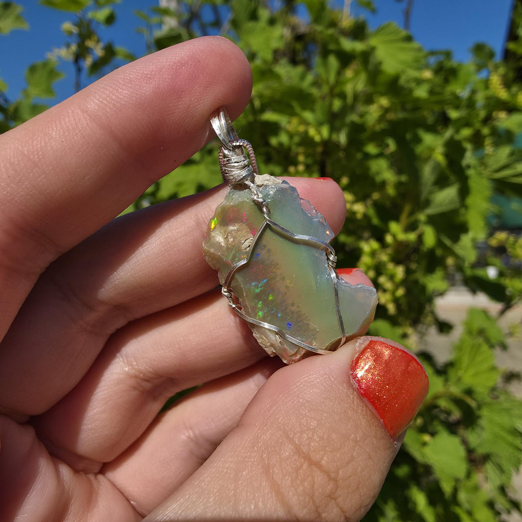 Raw Ethiopian Welo Opal Necklace | Wire Wrapped Pendant, Sterling Silver Chain