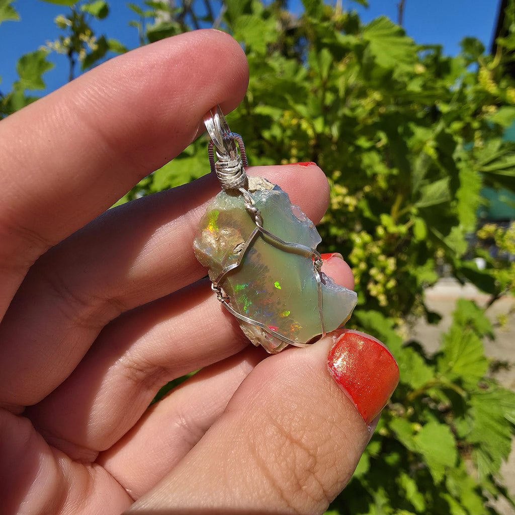 Raw Ethiopian Welo Opal Necklace | Wire Wrapped Pendant, Sterling Silver Chain