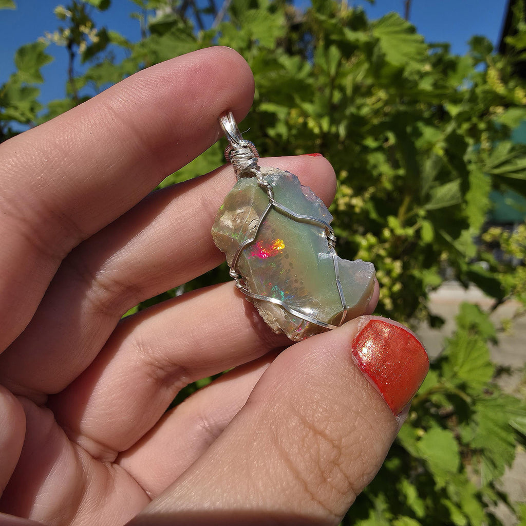 Raw Ethiopian Welo Opal Necklace | Wire Wrapped Pendant, Sterling Silver Chain