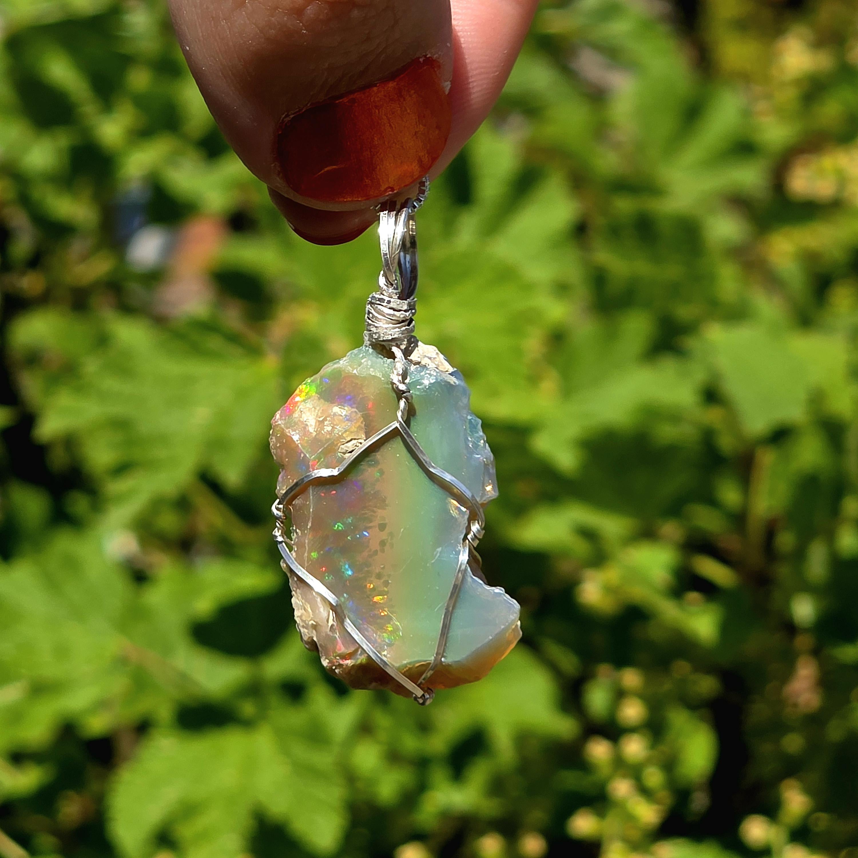 Raw Ethiopian Welo Opal Necklace | Wire Wrapped Pendant, Sterling Silver Chain