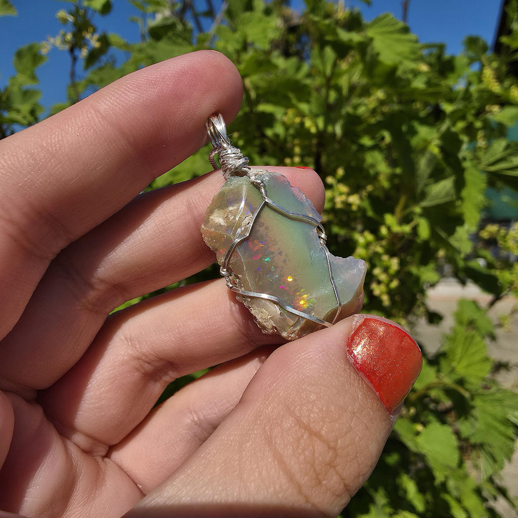 Raw Ethiopian Welo Opal Necklace | Wire Wrapped Pendant, Sterling Silver Chain