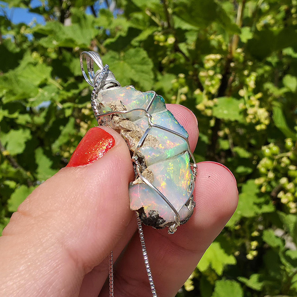 Raw Ethiopian Welo Opal Necklace | Wire Wrapped Pendant, 925 Sterling Silver Chain