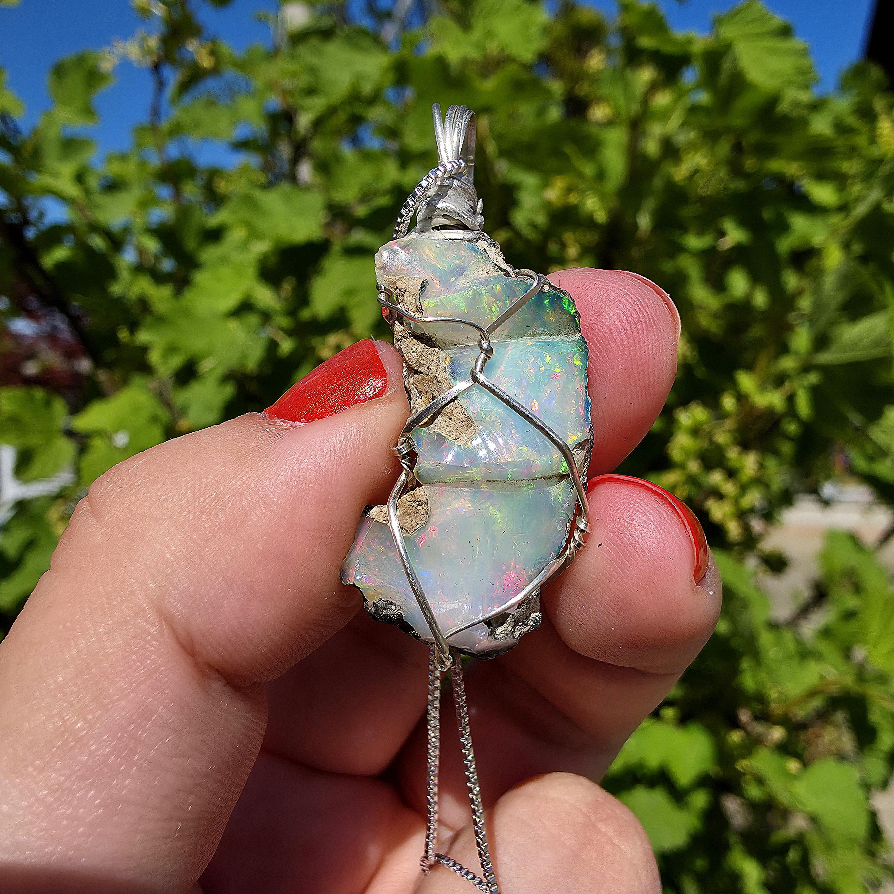 Raw Ethiopian Welo Opal Necklace | Wire Wrapped Pendant, 925 Sterling Silver Chain