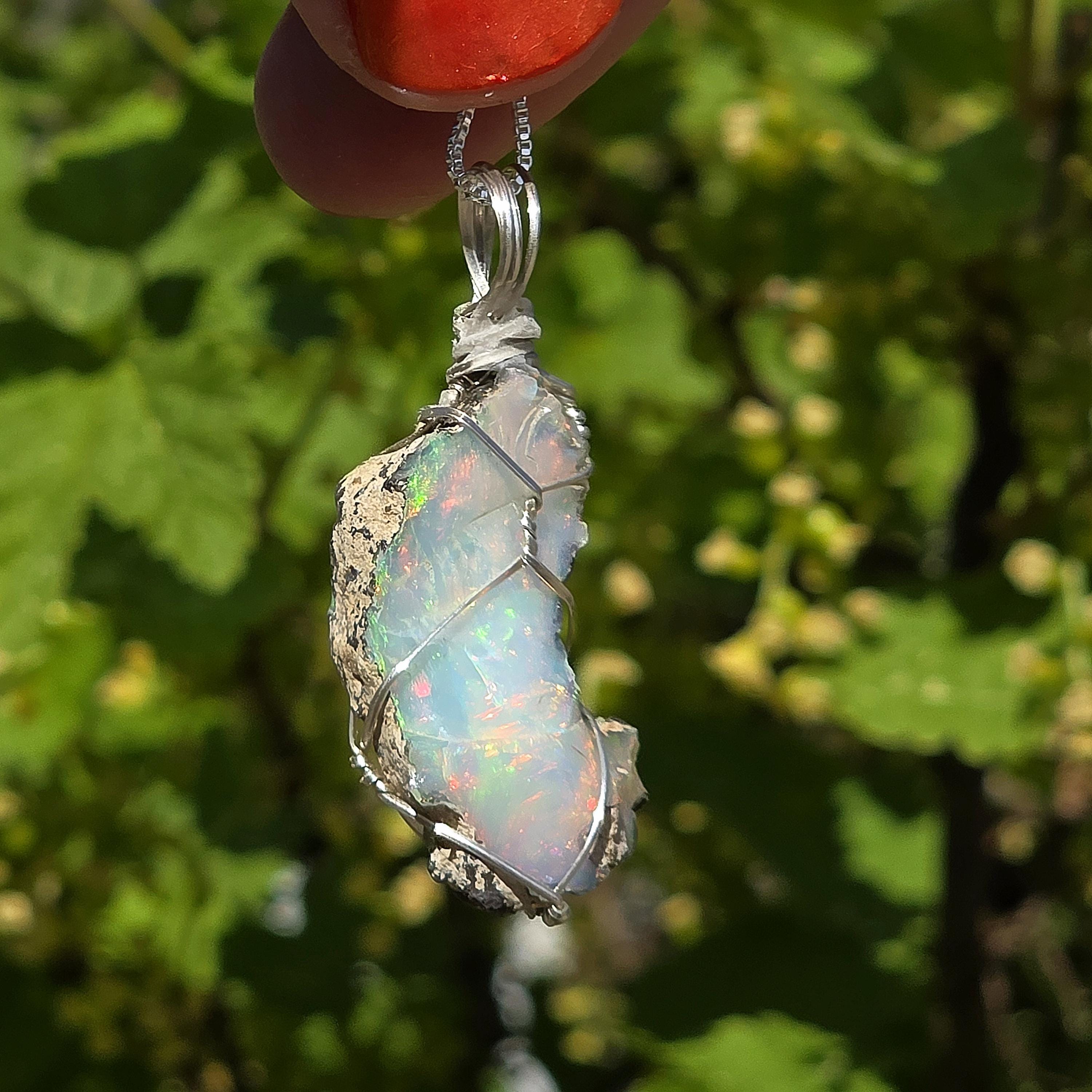 Raw Ethiopian Welo Opal Necklace | Wire Wrapped Pendant, 925 Sterling Silver Chain