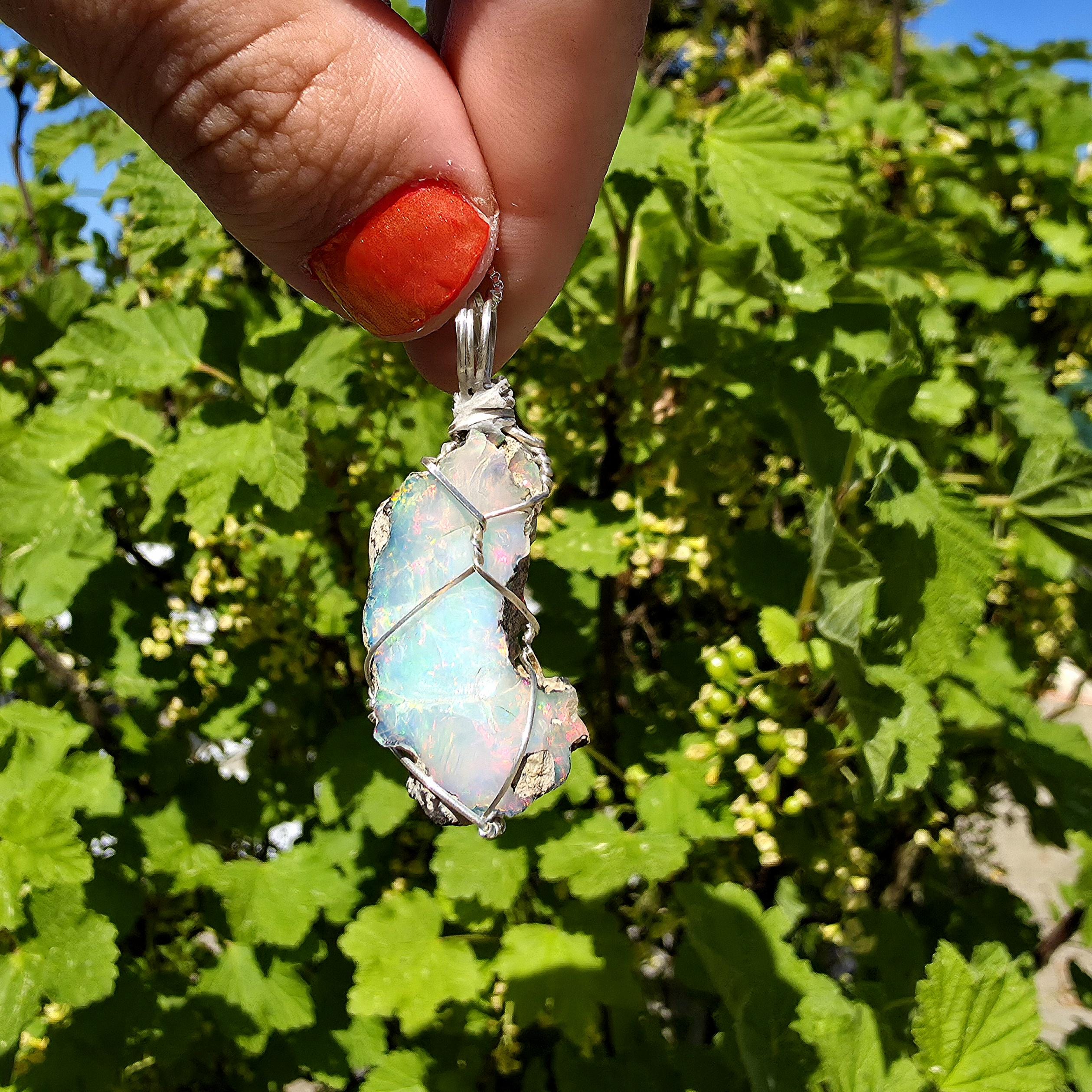 Raw Ethiopian Welo Opal Necklace | Wire Wrapped Pendant, 925 Sterling Silver Chain