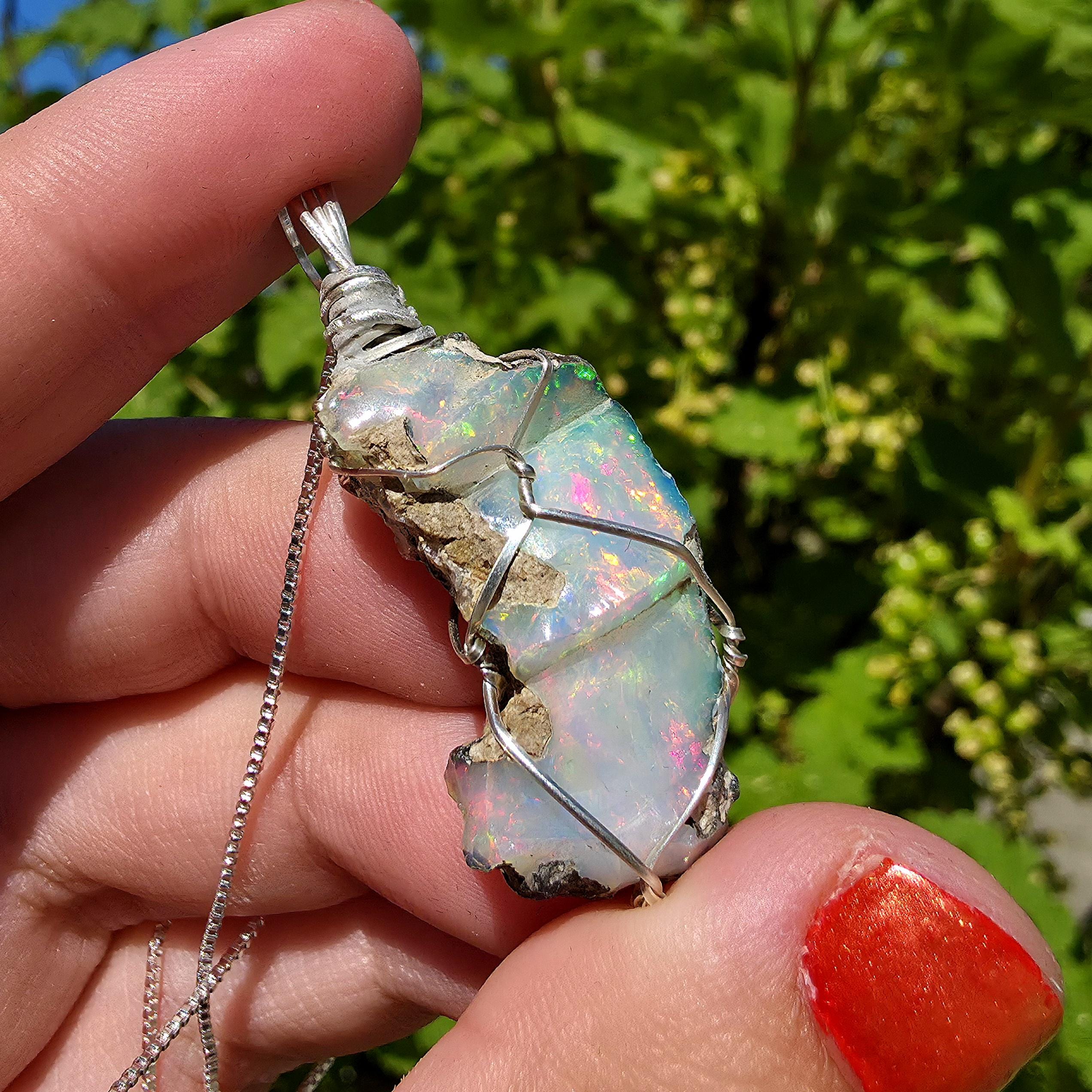 Raw Ethiopian Welo Opal Necklace | Wire Wrapped Pendant, 925 Sterling Silver Chain