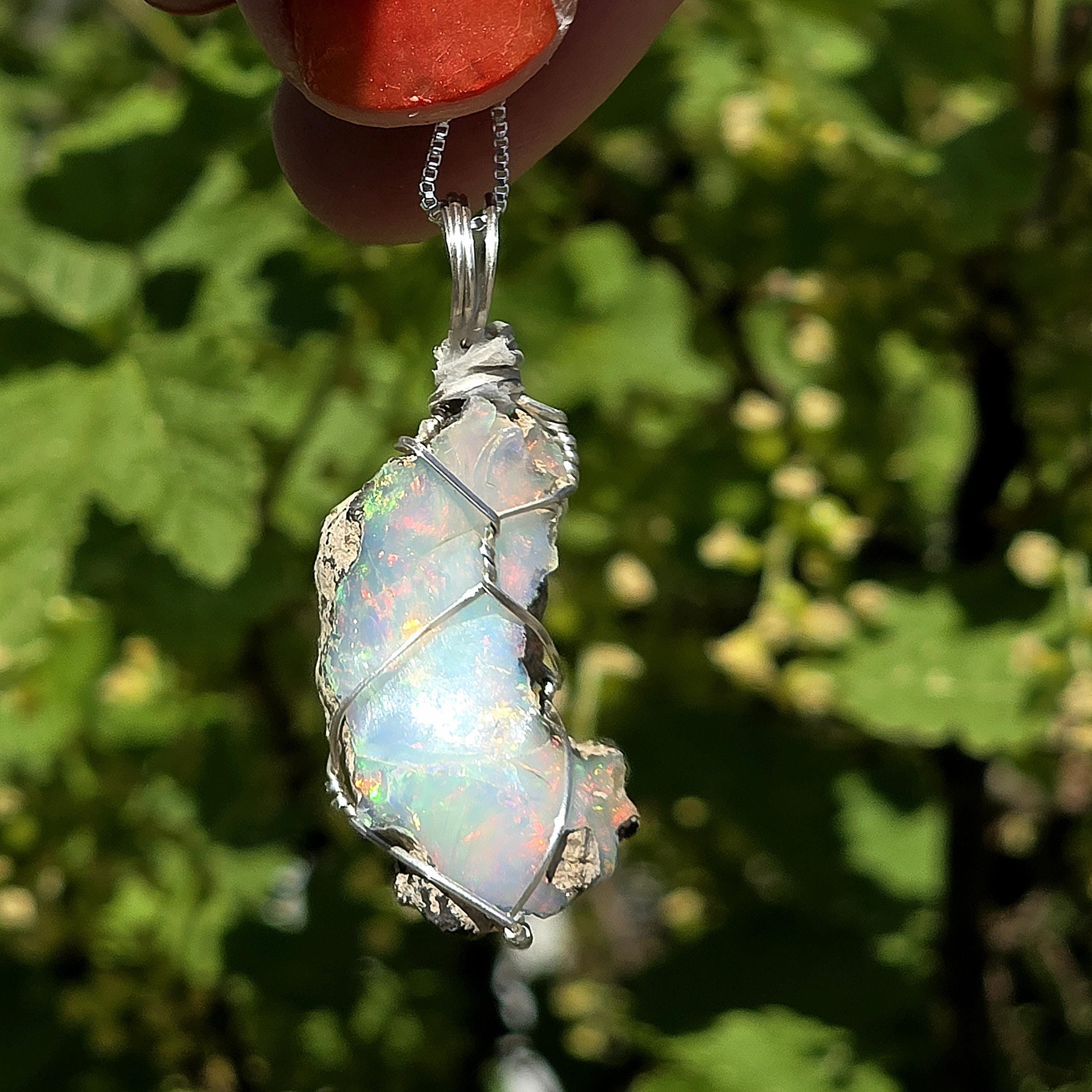 Raw Ethiopian Welo Opal Necklace | Wire Wrapped Pendant, 925 Sterling Silver Chain