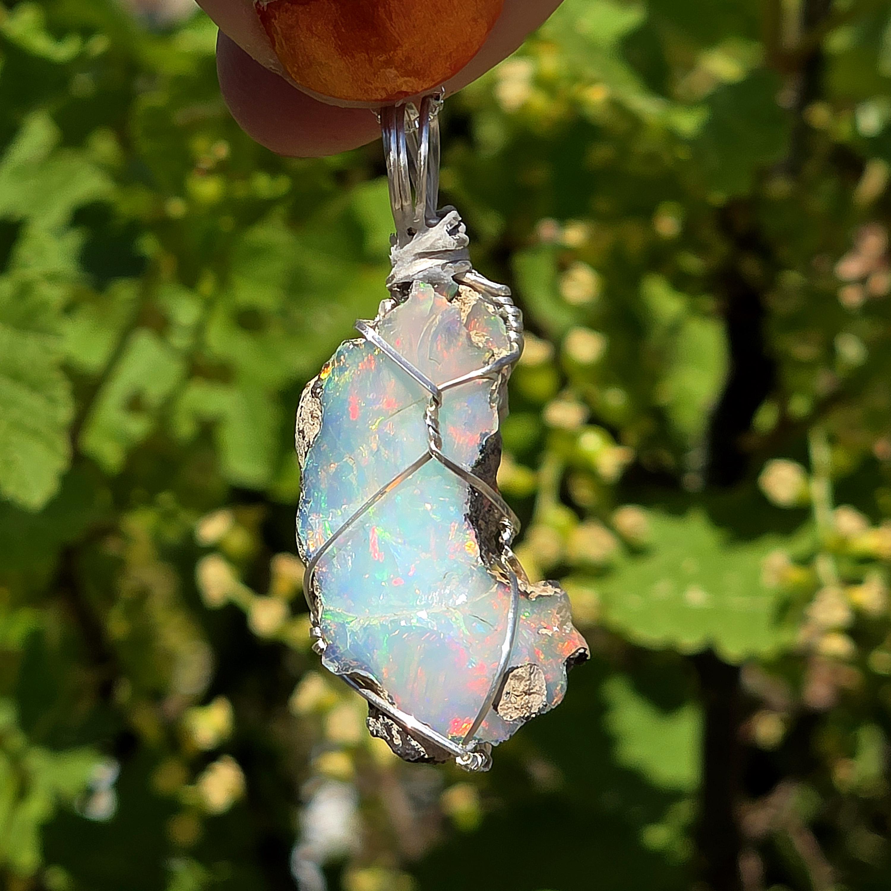 Raw Ethiopian Welo Opal Necklace | Wire Wrapped Pendant, 925 Sterling Silver Chain