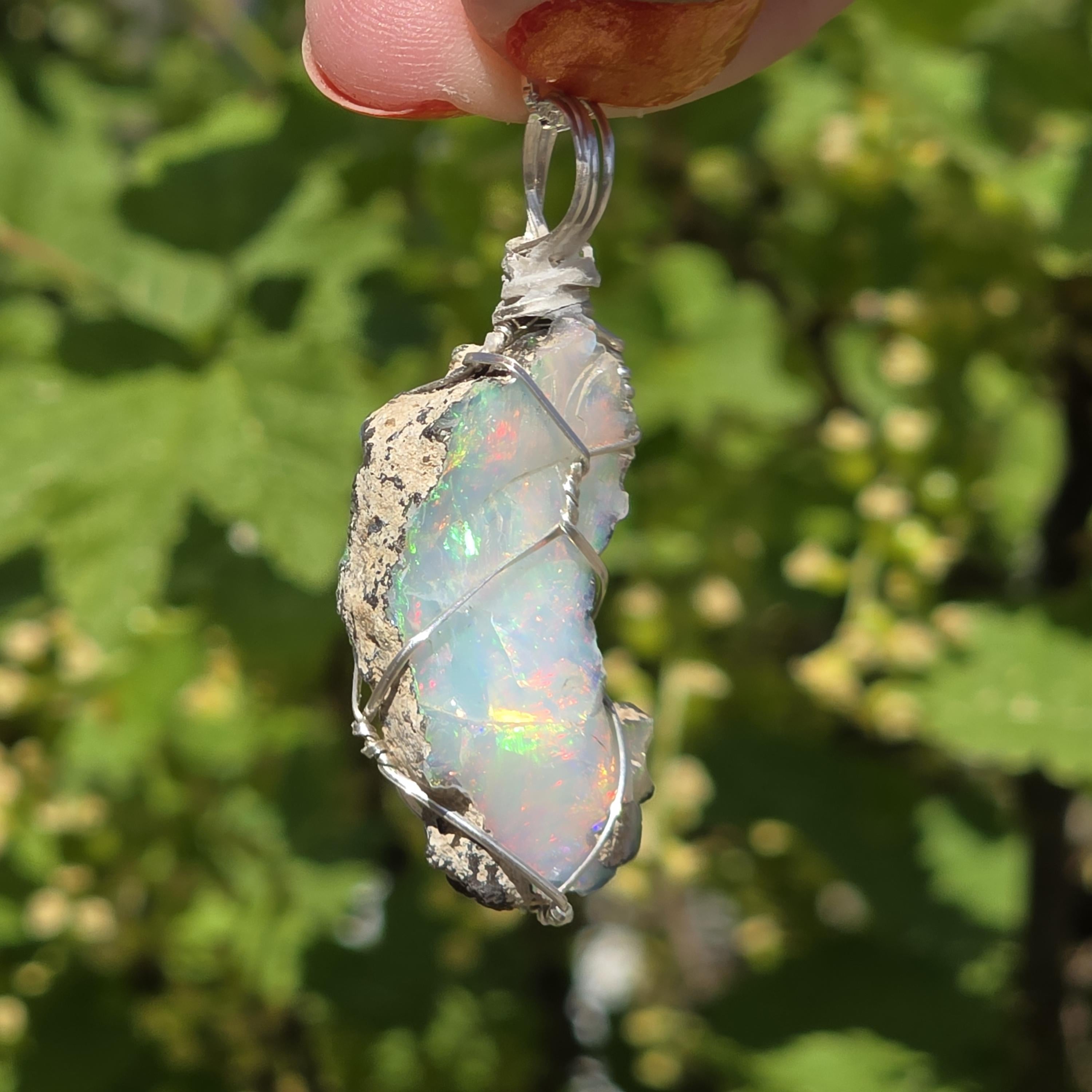 Raw Ethiopian Welo Opal Necklace | Wire Wrapped Pendant, 925 Sterling Silver Chain