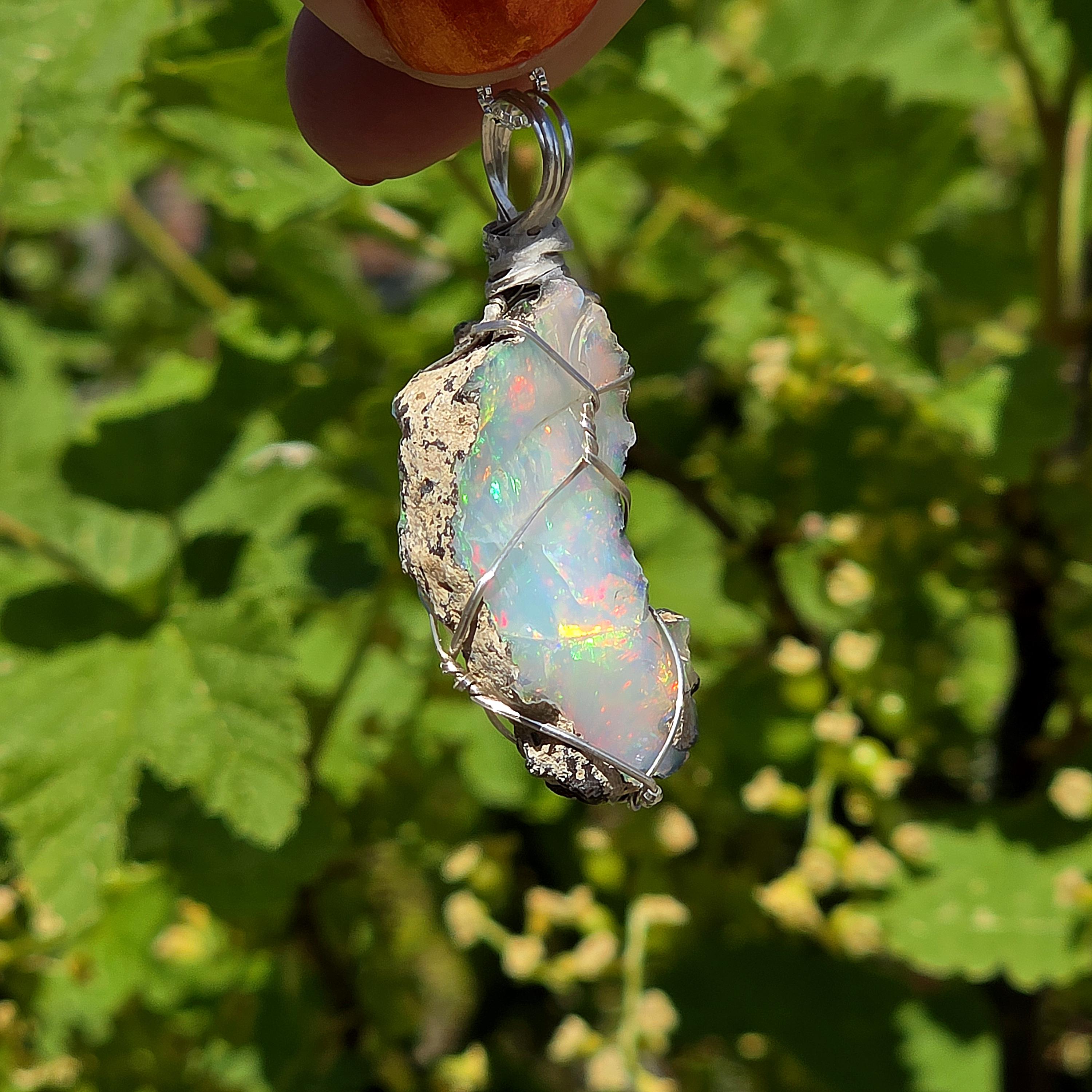 Raw Ethiopian Welo Opal Necklace | Wire Wrapped Pendant, 925 Sterling Silver Chain