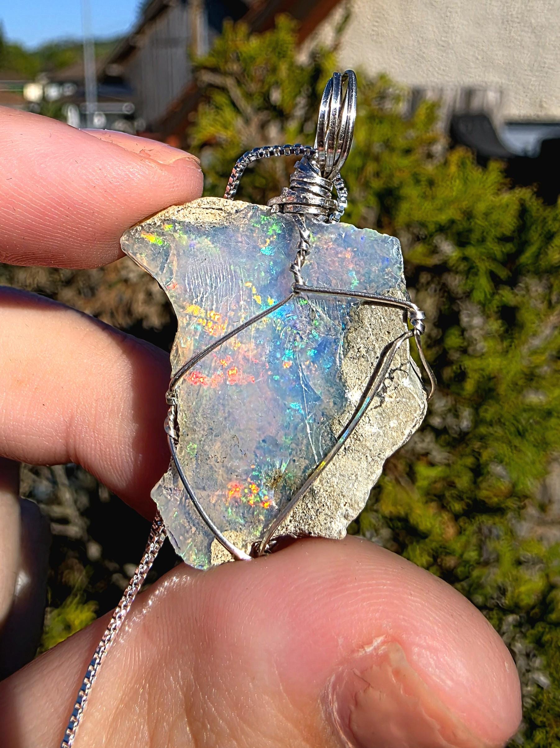 Raw Ethiopian Welo Opal Necklace | Wire Wrapped Pendant, 925 Sterling Silver Chain