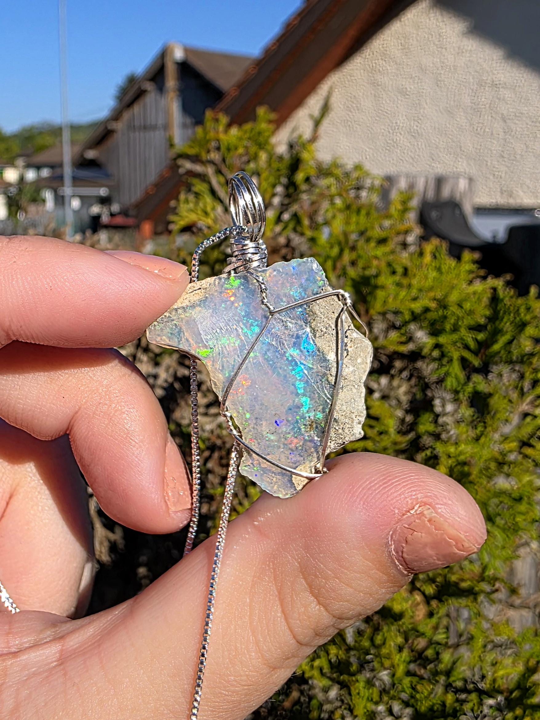 Raw Ethiopian Welo Opal Necklace | Wire Wrapped Pendant, 925 Sterling Silver Chain