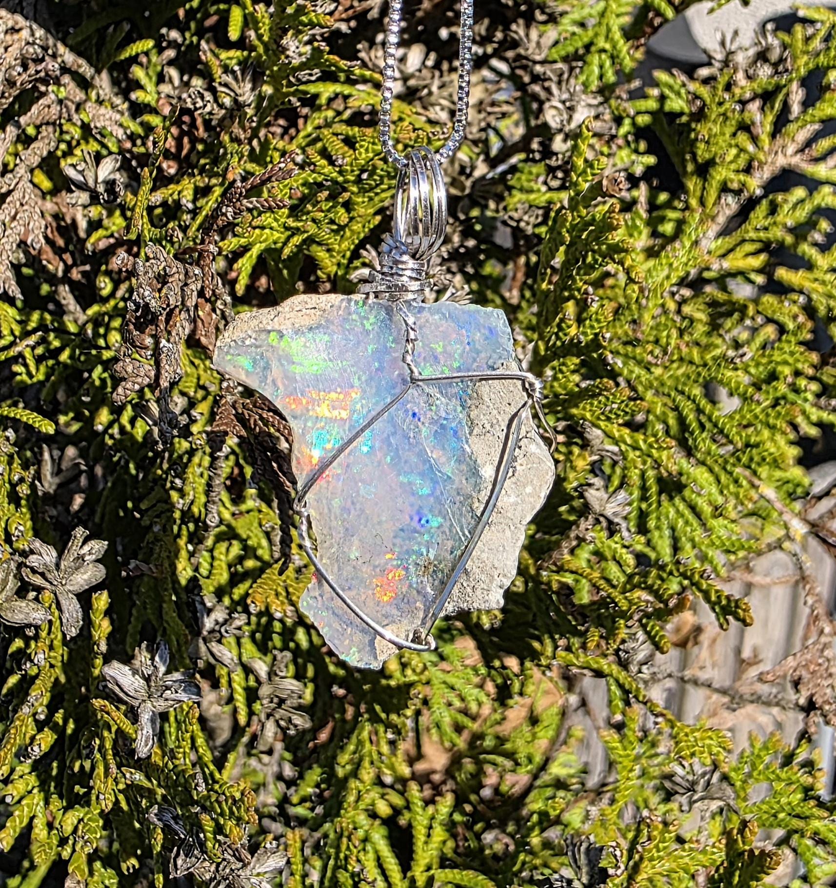 Raw Ethiopian Welo Opal Necklace | Wire Wrapped Pendant, 925 Sterling Silver Chain