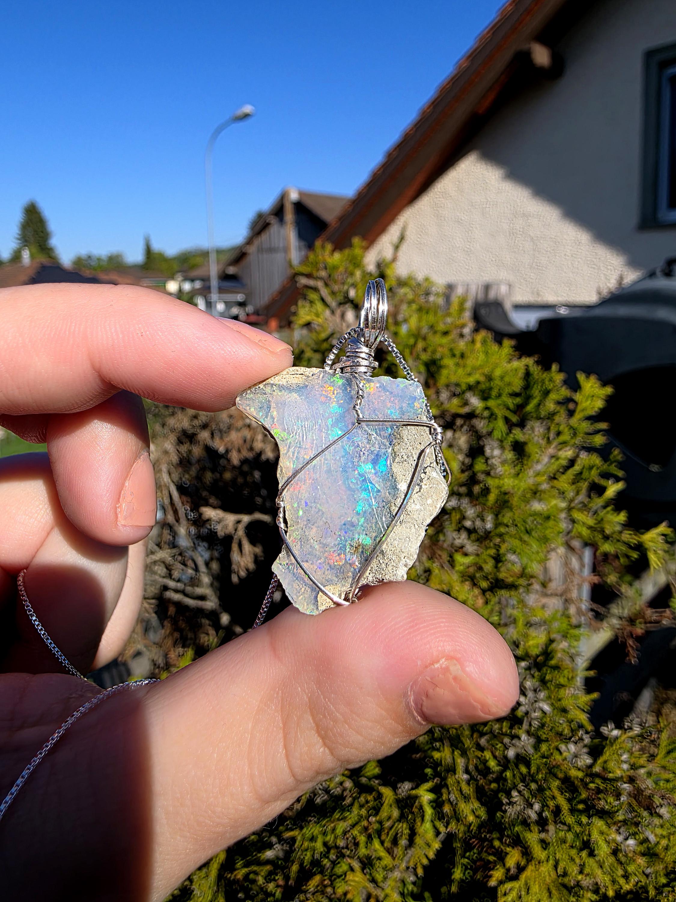 Raw Ethiopian Welo Opal Necklace | Wire Wrapped Pendant, 925 Sterling Silver Chain