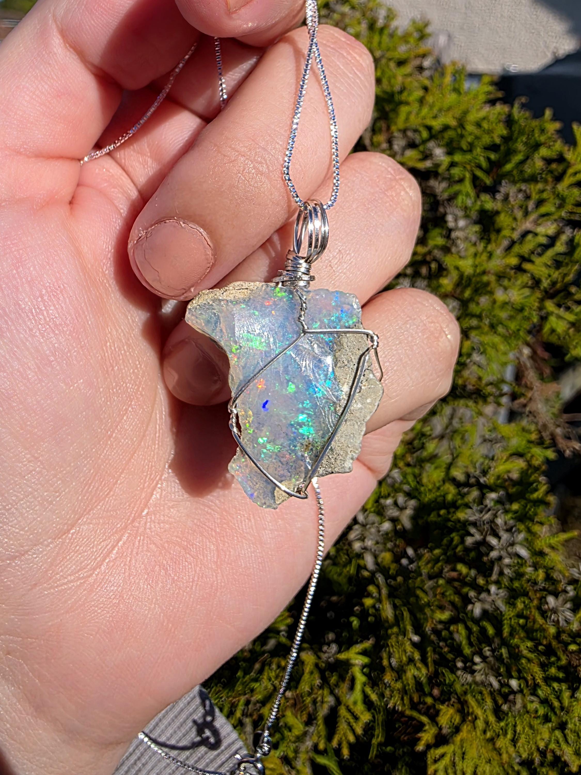 Raw Ethiopian Welo Opal Necklace | Wire Wrapped Pendant, 925 Sterling Silver Chain