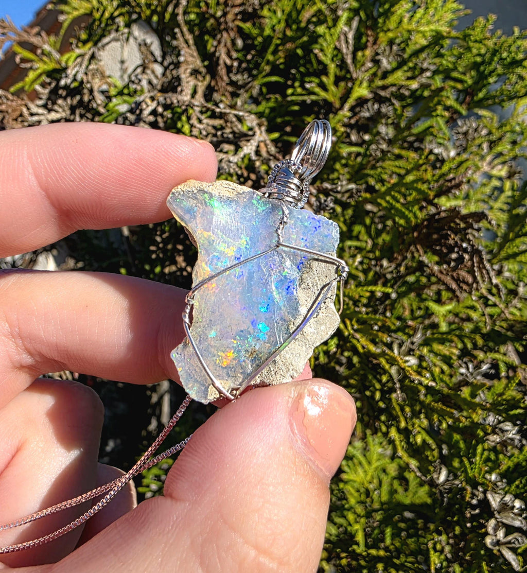 Raw Ethiopian Welo Opal Necklace | Wire Wrapped Pendant, 925 Sterling Silver Chain