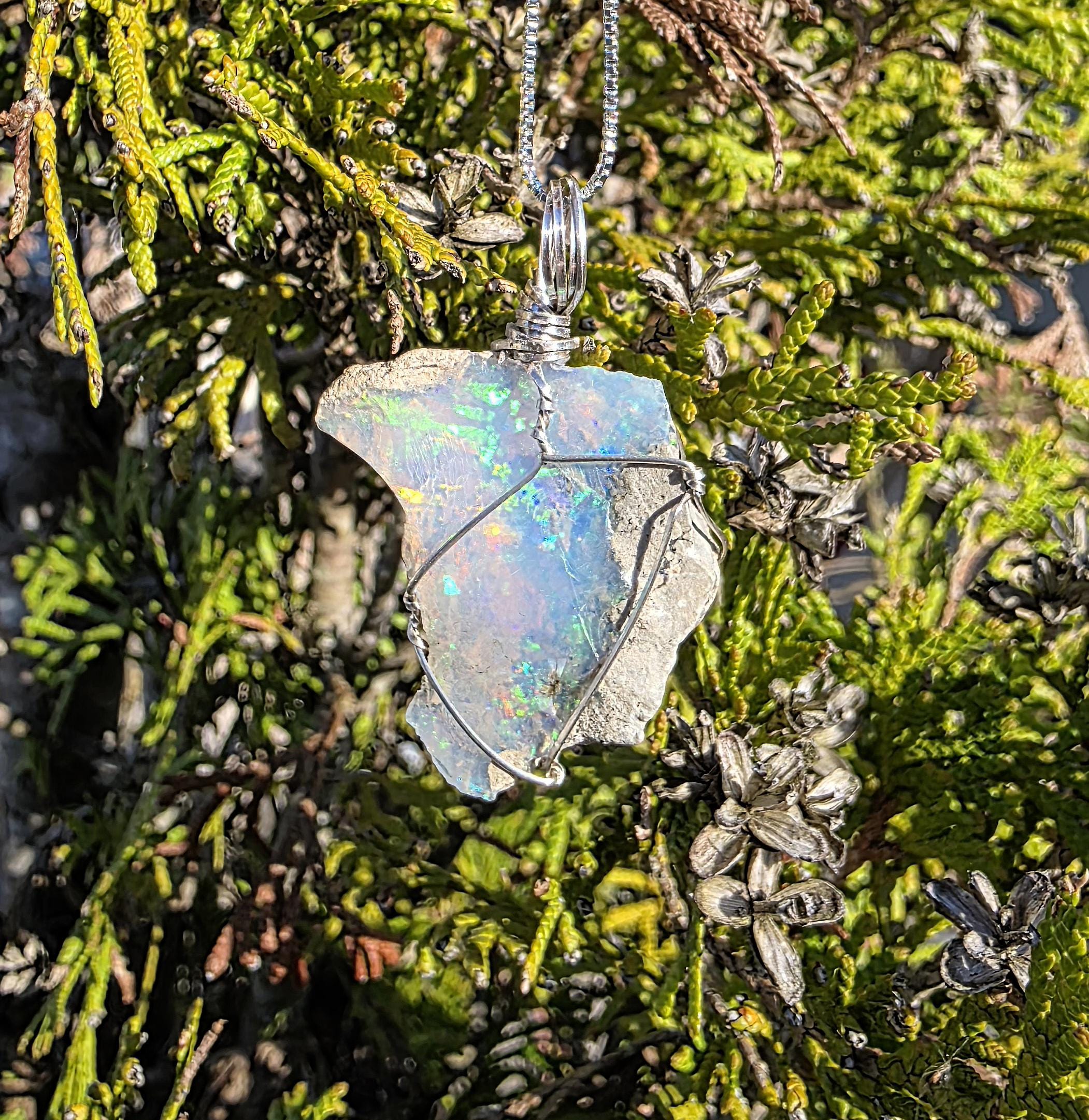 Raw Ethiopian Welo Opal Necklace | Wire Wrapped Pendant, 925 Sterling Silver Chain
