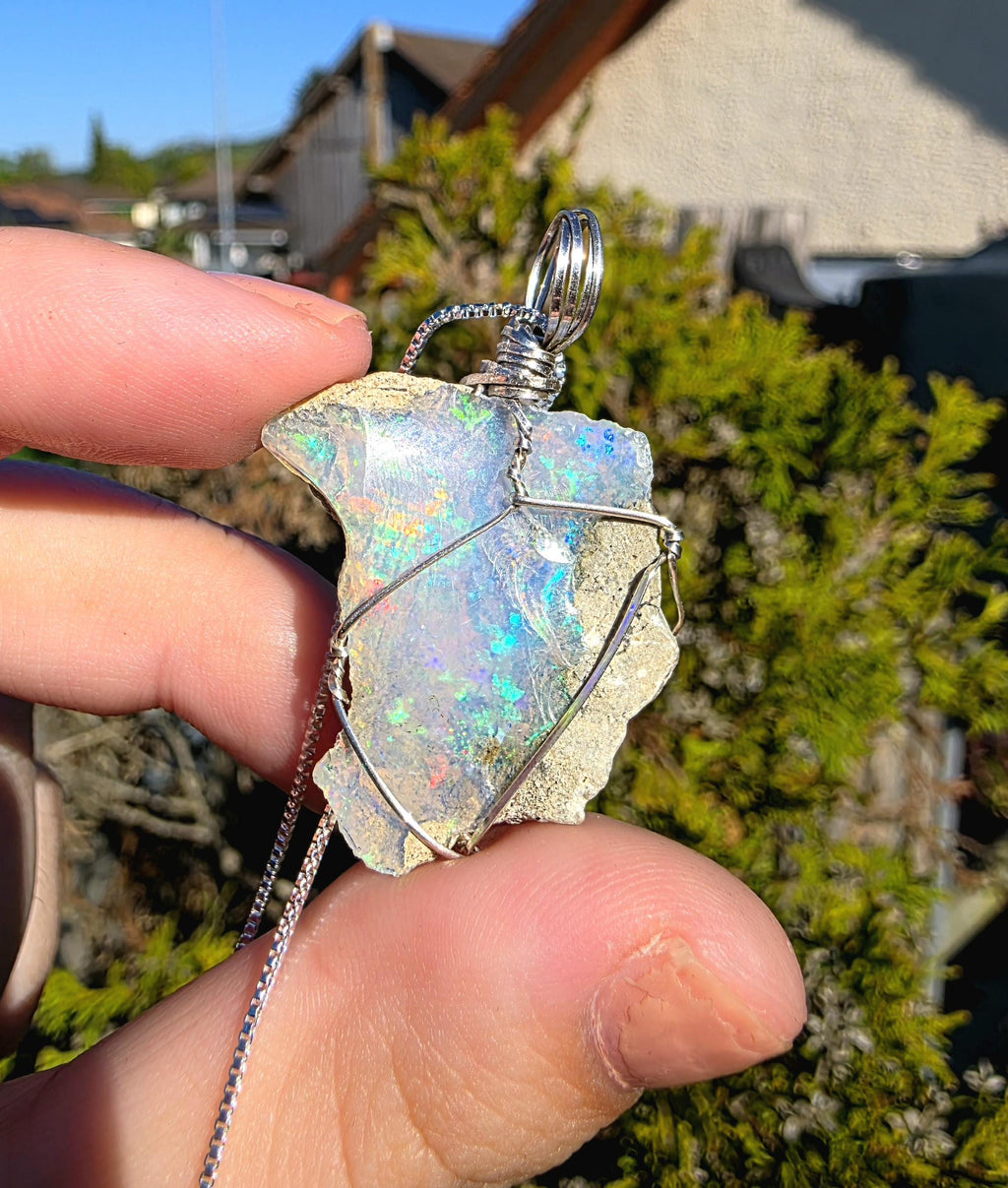 Raw Ethiopian Welo Opal Necklace | Wire Wrapped Pendant, 925 Sterling Silver Chain