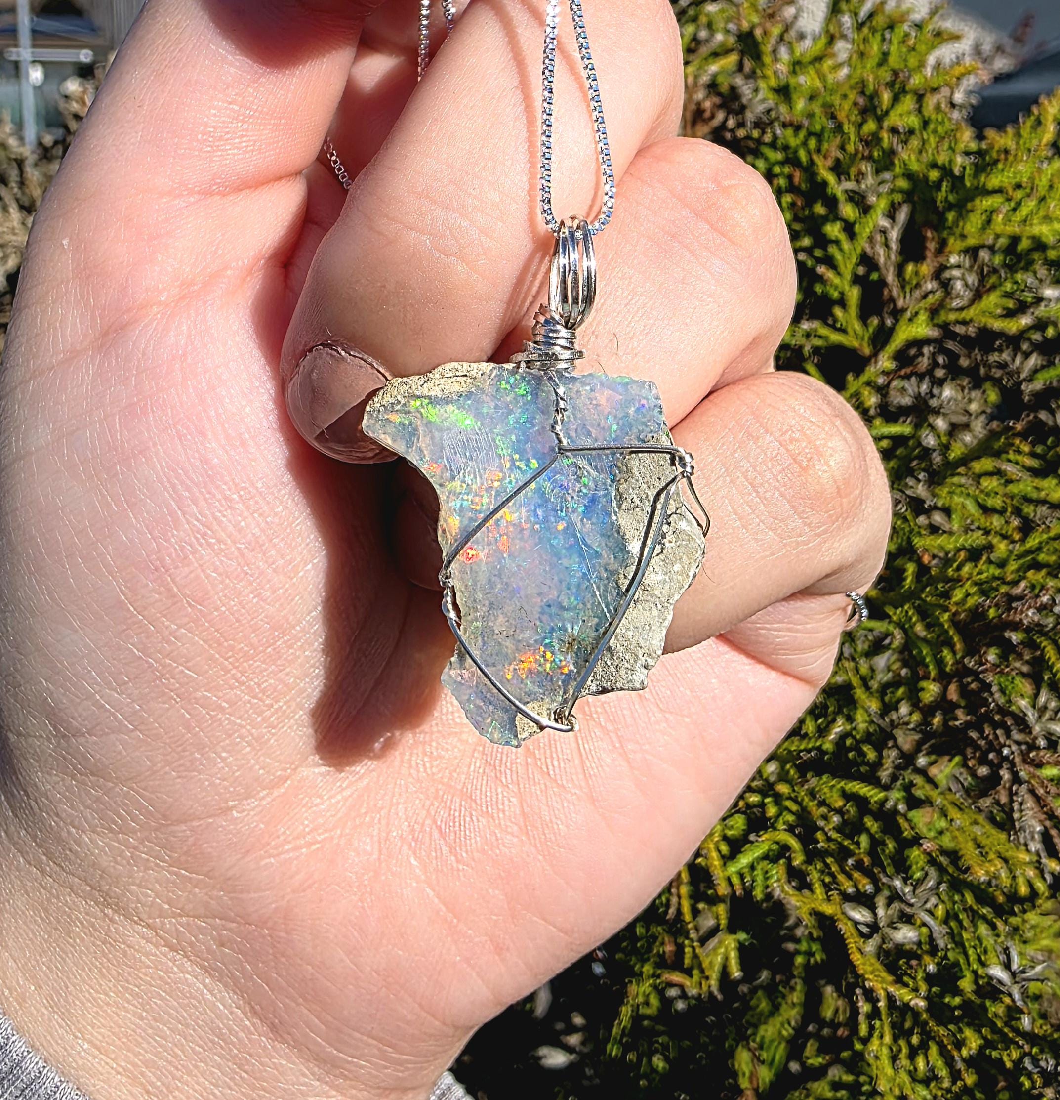 Raw Ethiopian Welo Opal Necklace | Wire Wrapped Pendant, 925 Sterling Silver Chain