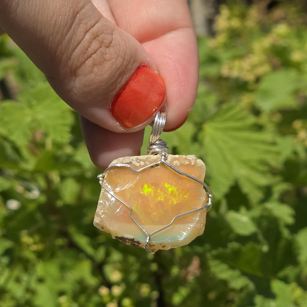 Raw Ethiopian Welo Opal Necklace | Wire Wrapped Pendant, 925 Sterling Silver Chain