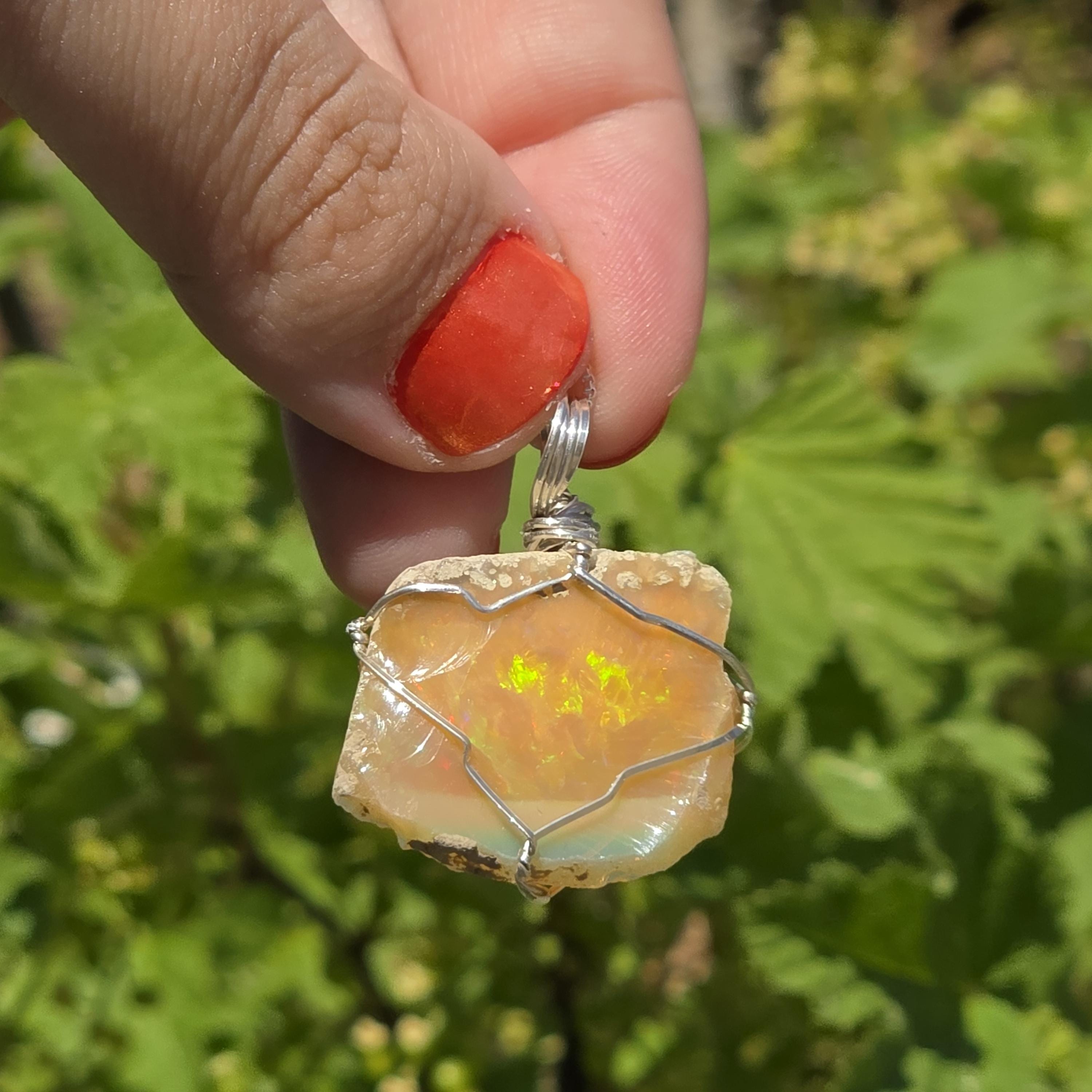 Raw Ethiopian Welo Opal Necklace | Wire Wrapped Pendant, 925 Sterling Silver Chain
