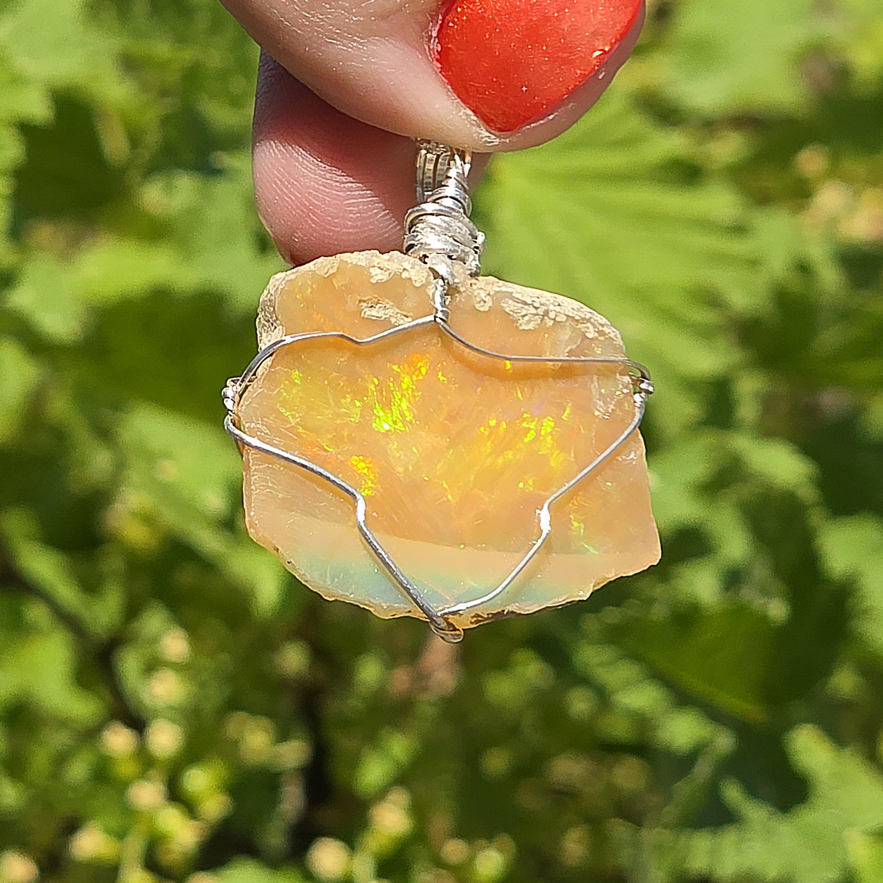 Raw Ethiopian Welo Opal Necklace | Wire Wrapped Pendant, 925 Sterling Silver Chain
